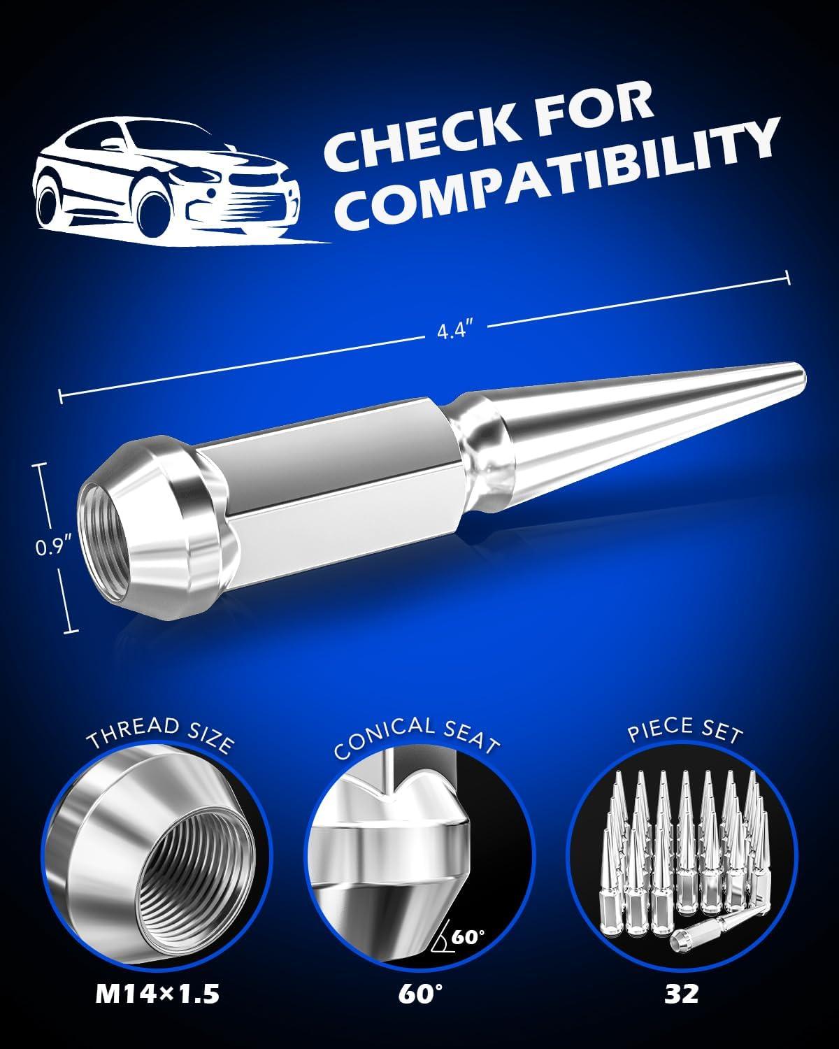 image14x15 Lug Nuts Black 32 Piece M14x15 Spike Lug Nuts Wheel Accessories Compatible with Chevy Ram Ford GMCSilver