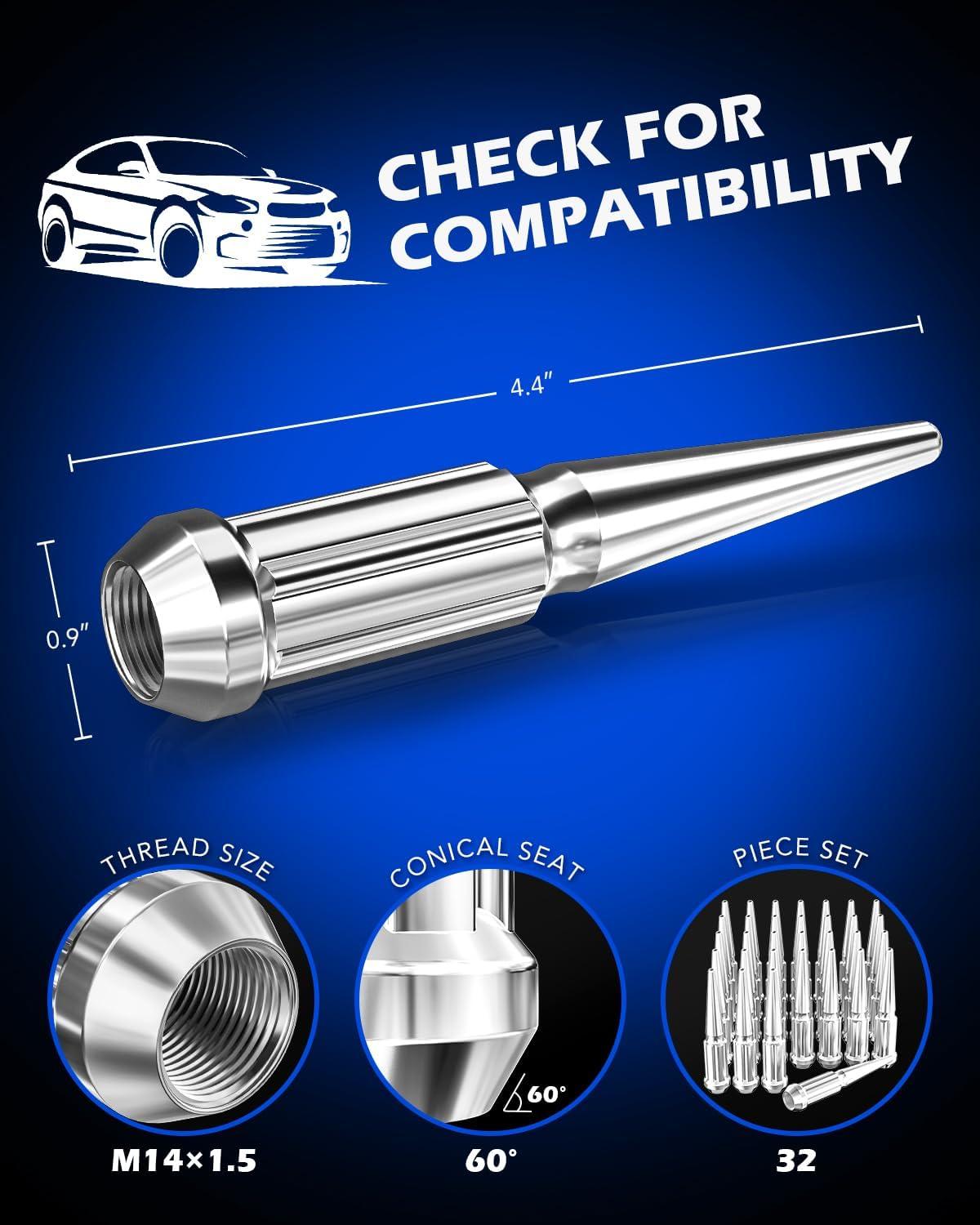 image14x15 Lug Nuts Black 32 Piece M14x15 Spike Lug Nuts Wheel Accessories Compatible with Chevy Ram Ford GMCSilver