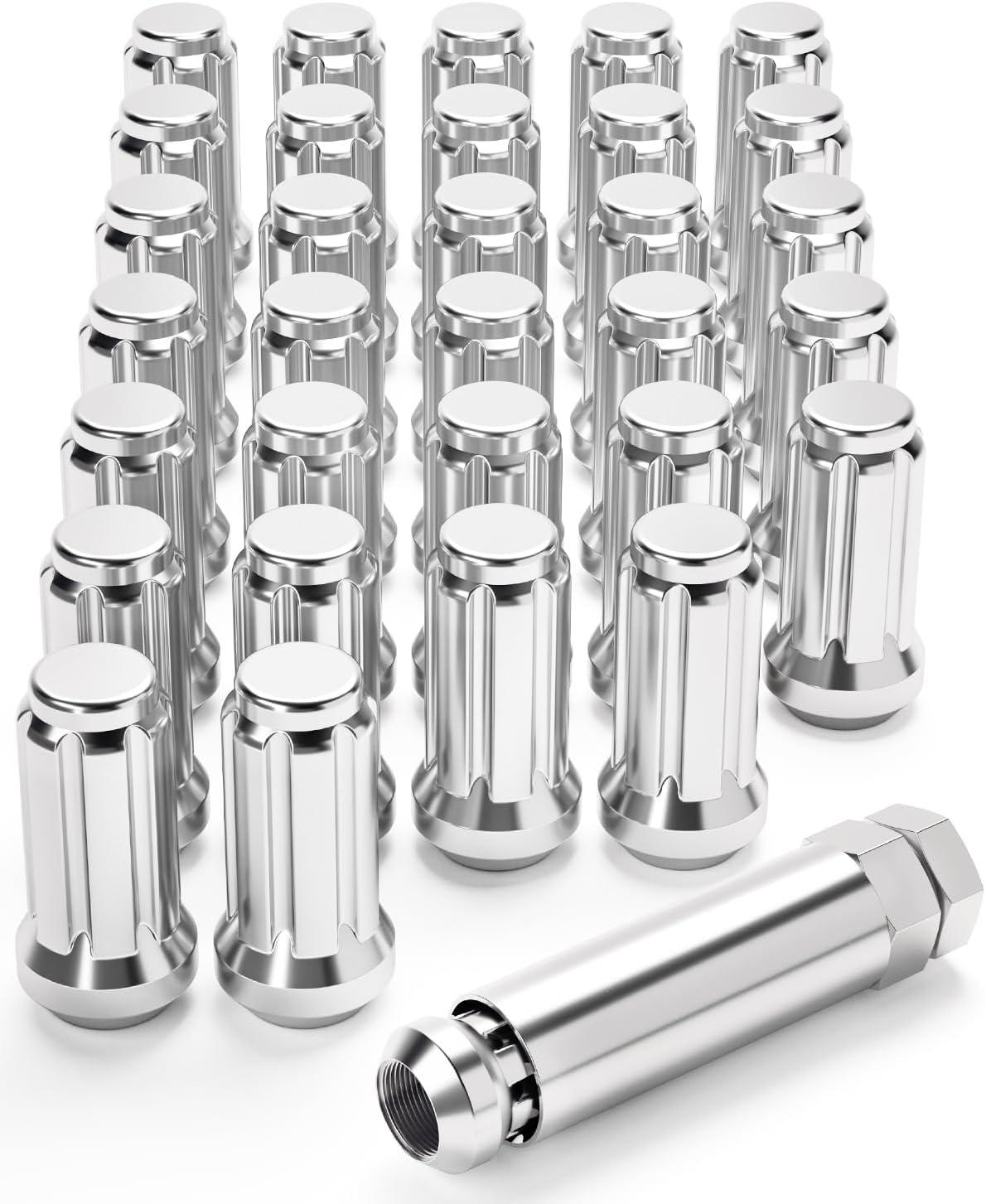 imageM14x15 Spline Lug Nuts with Cone Seat Chrome Plated Wheel Lug Nuts Compatible with Chevrolet Silverado Suburban 1500 Ford Expedition F150 Ram 1500ampamp More Set of 24Silver