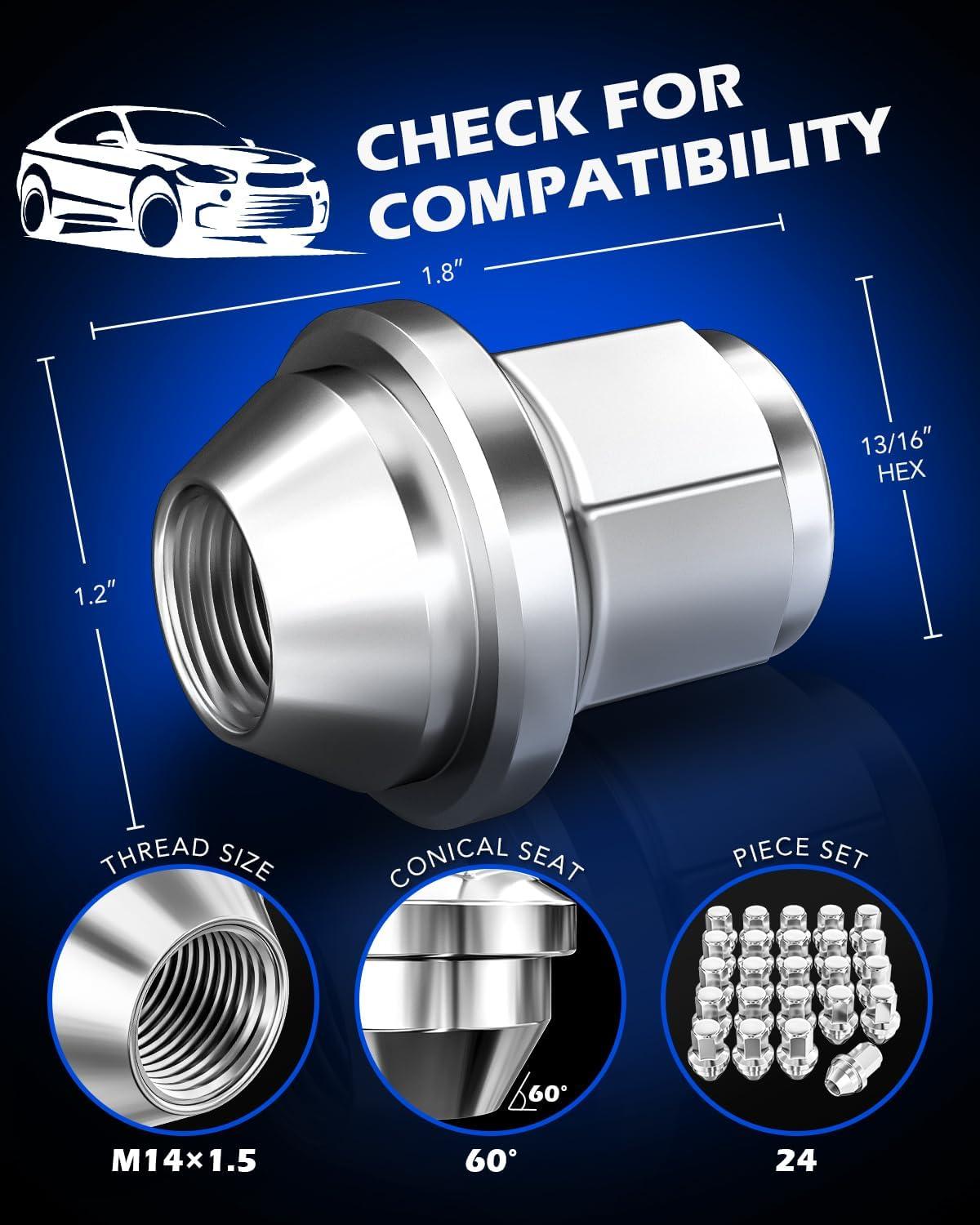 imageM14x15 Spline Lug Nuts with Cone Seat Chrome Plated Wheel Lug Nuts Compatible with Chevrolet Silverado Suburban 1500 Ford Expedition F150 Ram 1500ampamp More Set of 24Silver