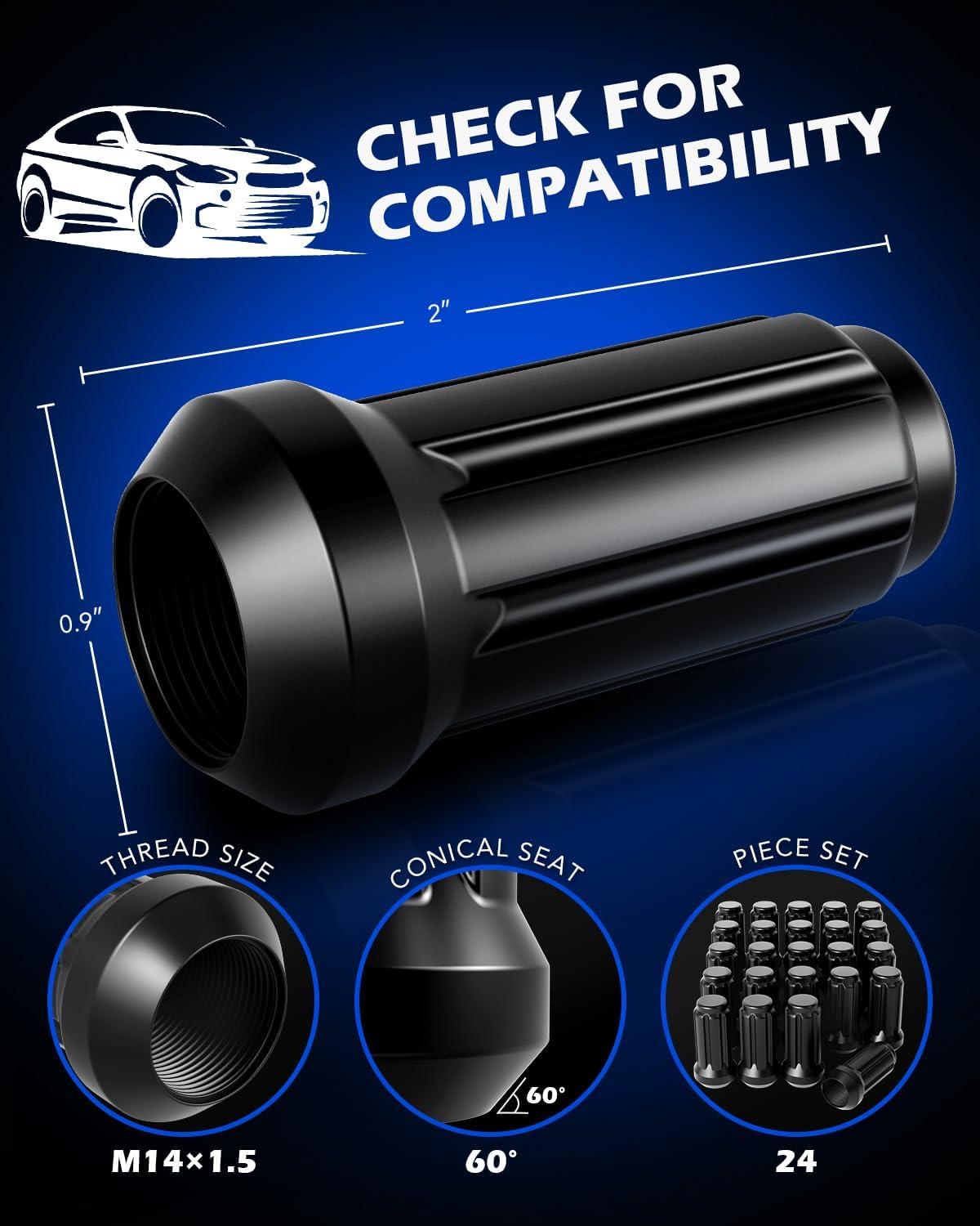 imageM14x15 Spline Lug Nuts with Cone Seat Chrome Plated Wheel Lug Nuts Compatible with Chevrolet Silverado Suburban 1500 Ford Expedition F150 Ram 1500ampamp More Set of 24Black