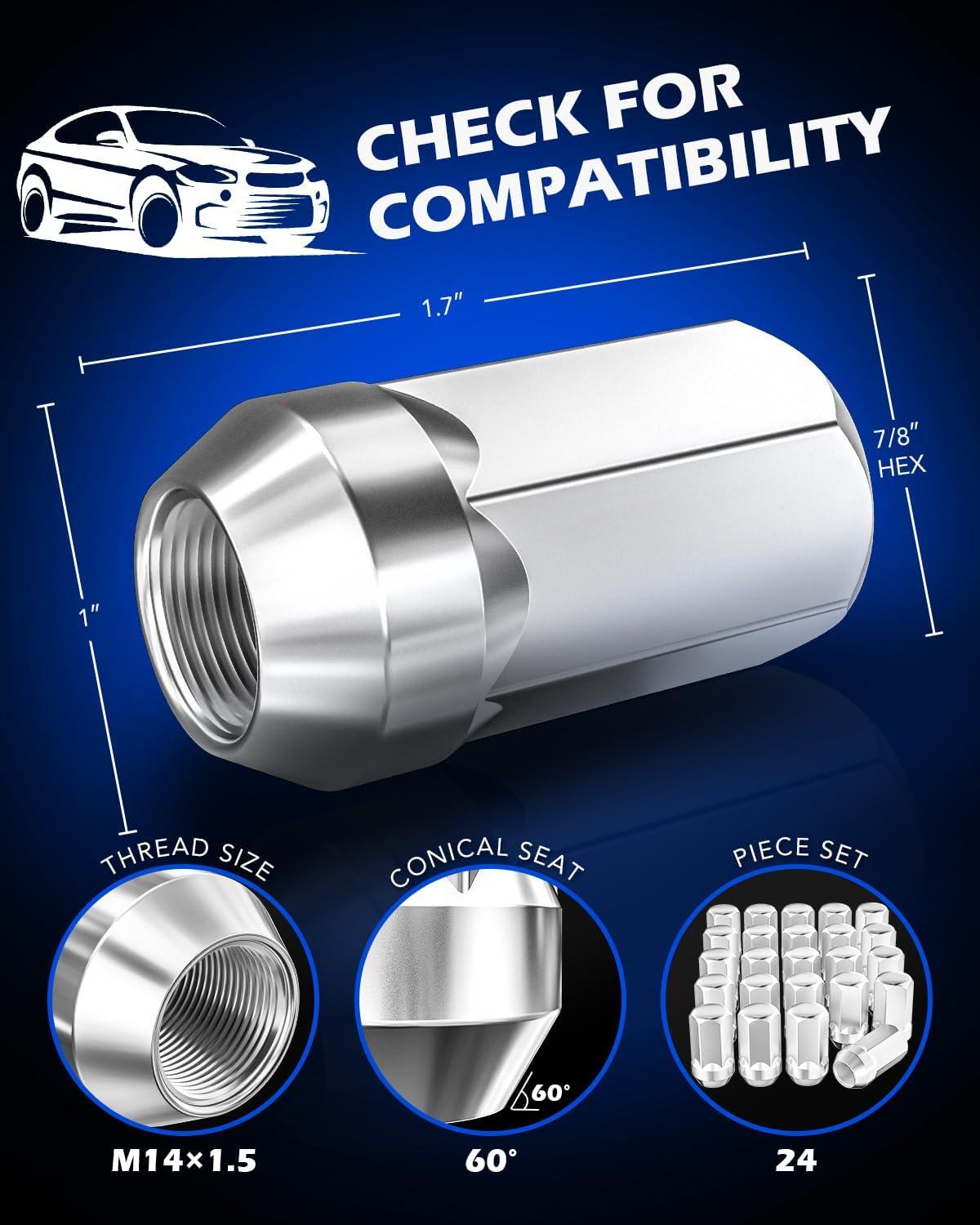 imageM14x15 Spline Lug Nuts with Cone Seat Chrome Plated Wheel Lug Nuts Compatible with Chevrolet Silverado Suburban 1500 Ford Expedition F150 Ram 1500ampamp More Set of 24Silver