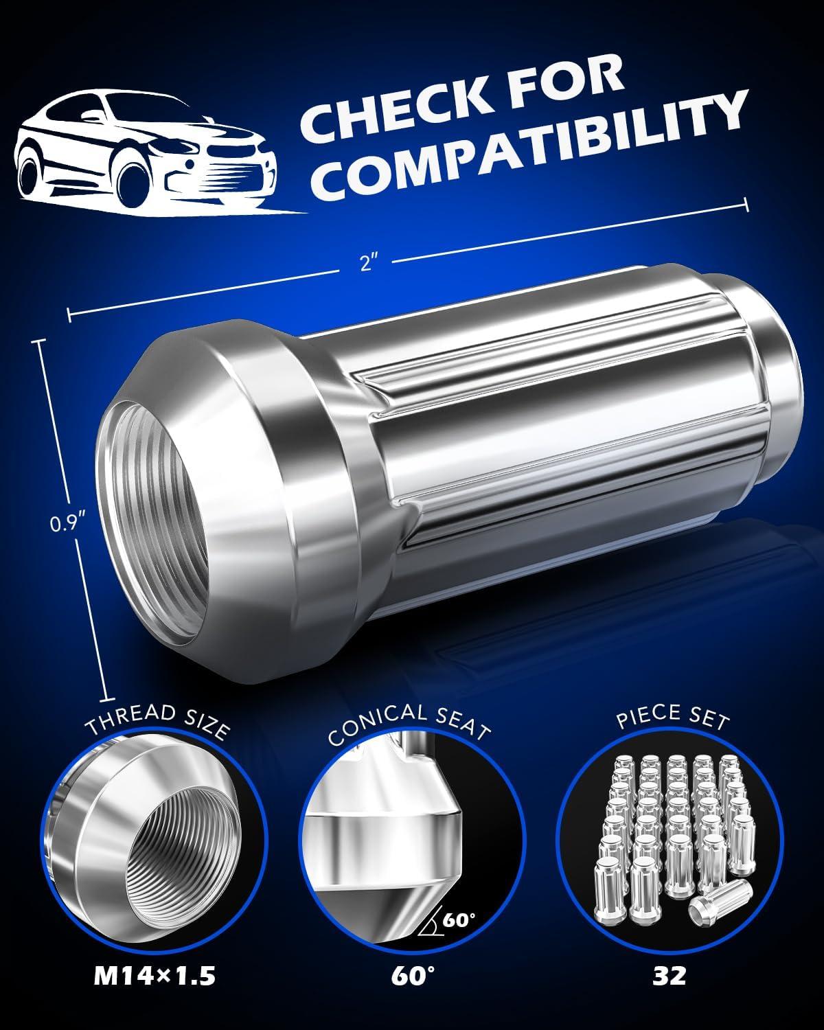 imageM14x15 Spline Lug Nuts with Cone Seat Chrome Plated Wheel Lug Nuts Compatible with Chevrolet Silverado Suburban 1500 Ford Expedition F150 Ram 1500ampamp More Set of 24Silver