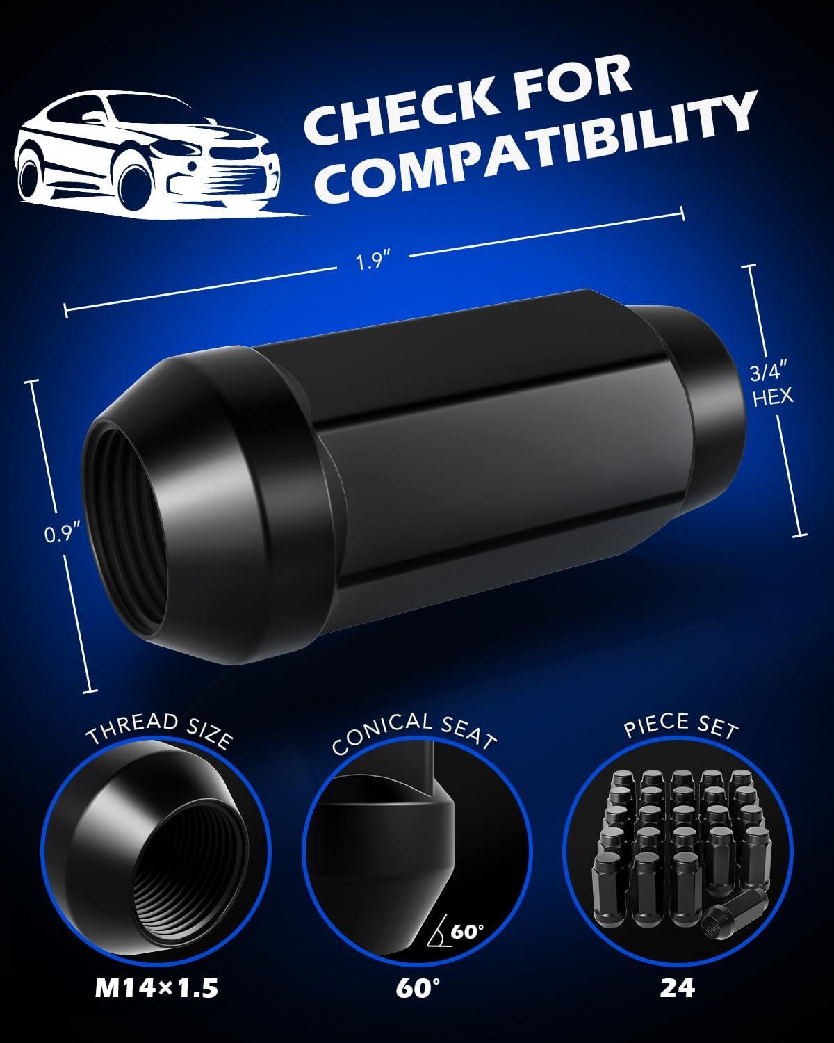 imageM14x15 Spline Lug Nuts with Cone Seat Chrome Plated Wheel Lug Nuts Compatible with Chevrolet Silverado Suburban 1500 Ford Expedition F150 Ram 1500ampamp More Set of 24Black