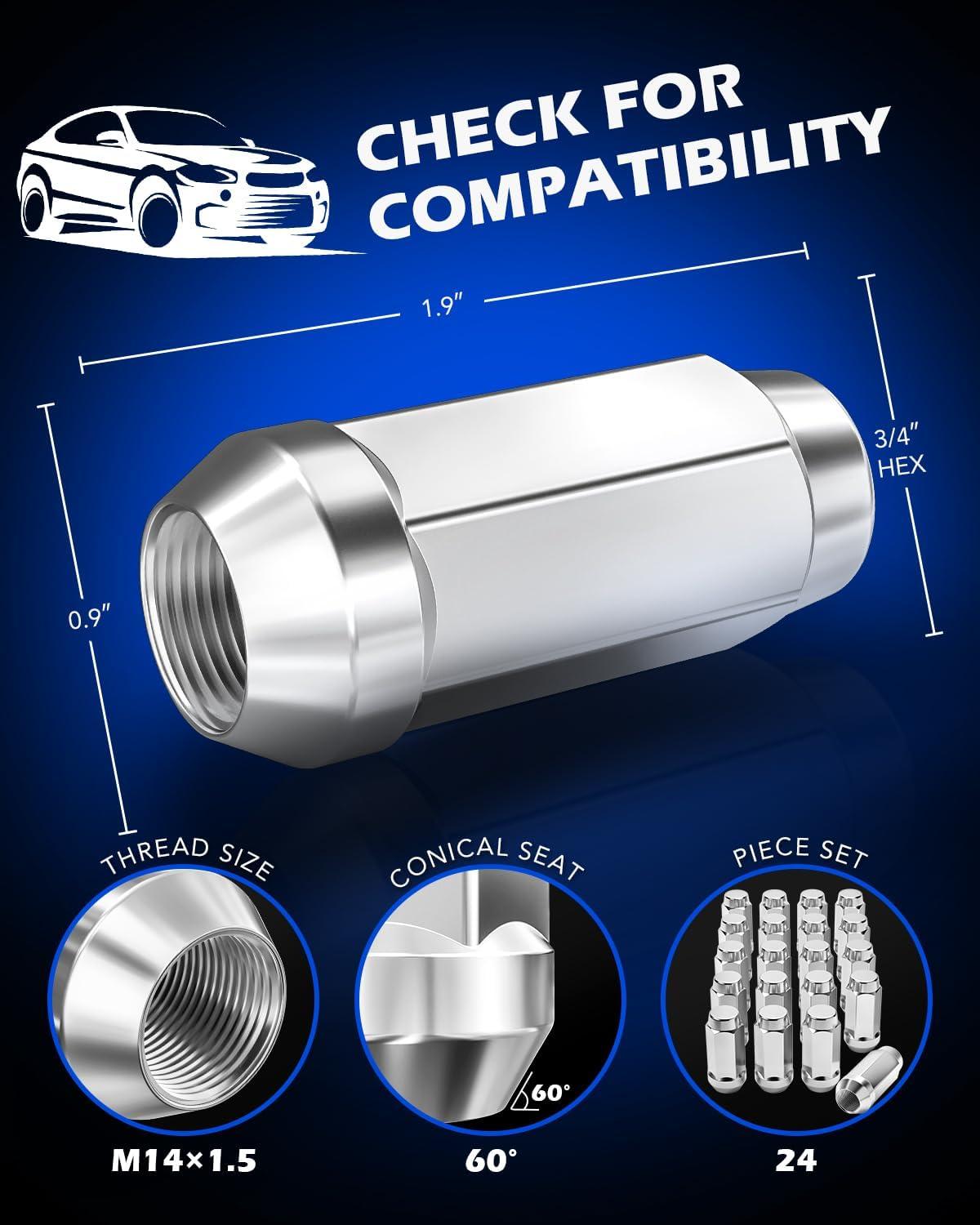 imageM14x15 Spline Lug Nuts with Cone Seat Chrome Plated Wheel Lug Nuts Compatible with Chevrolet Silverado Suburban 1500 Ford Expedition F150 Ram 1500ampamp More Set of 24Silver
