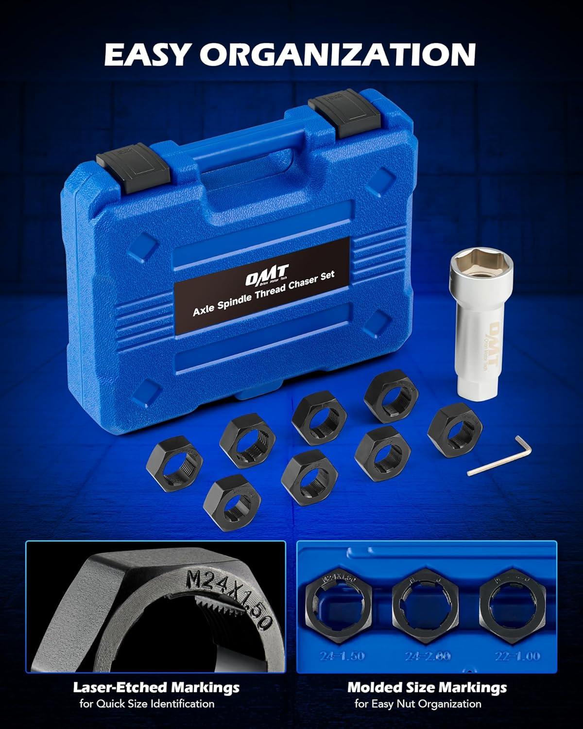 imageOrion Motor Tech 10pc Axle Spindle Threading Set Axle Thread Repair Kit with 8 Dies 1116quot Extension Bar Axle Nut Rethreader with M20 M22 M24 ampamp 1316quot 34quot UNEF Nuts Rethreading Tool Kit with Case