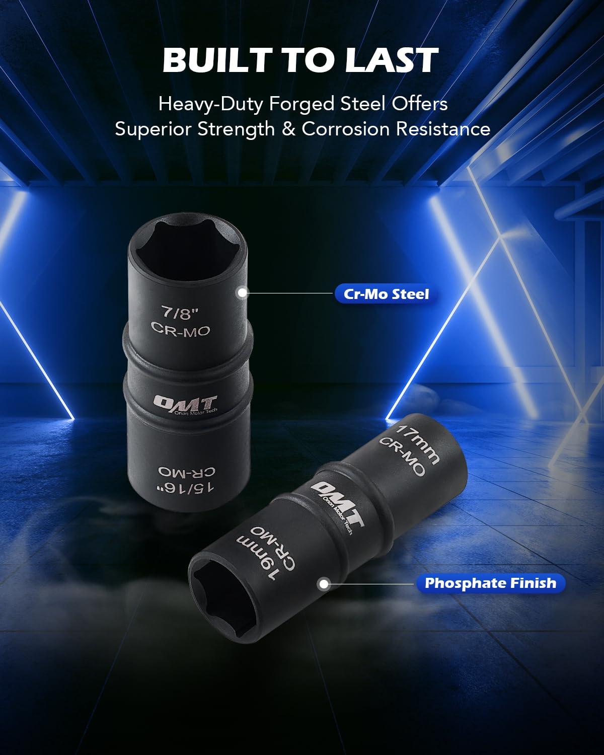 imageOrion Motor Tech 12quot Drive Lug Nut Socket Set Metric 17 19 21 mm ampamp SAE 1316 78 in Wheel Socket Set 5pc Impact Lug Nut Socket Set Thin Wall Lug Nut Sockets with Colored Protective CoversFlip  17 19 21 22 mm  34 1316 78 1516 in
