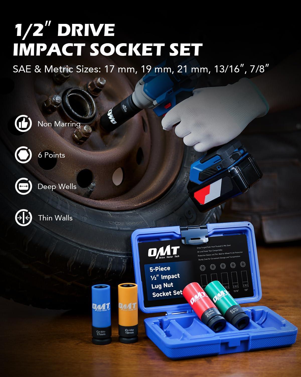 imageOrion Motor Tech 12quot Drive Lug Nut Socket Set Metric 17 19 21 mm ampamp SAE 1316 78 in Wheel Socket Set 5pc Impact Lug Nut Socket Set Thin Wall Lug Nut Sockets with Colored Protective Covers1316 in  78 in  17 mm  19 mm  21 mm