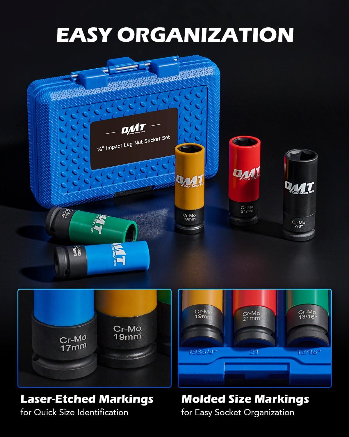 imageOrion Motor Tech 12quot Drive Lug Nut Socket Set Metric 17 19 21 mm ampamp SAE 1316 78 in Wheel Socket Set 5pc Impact Lug Nut Socket Set Thin Wall Lug Nut Sockets with Colored Protective Covers1316 in  78 in  17 mm  19 mm  21 mm