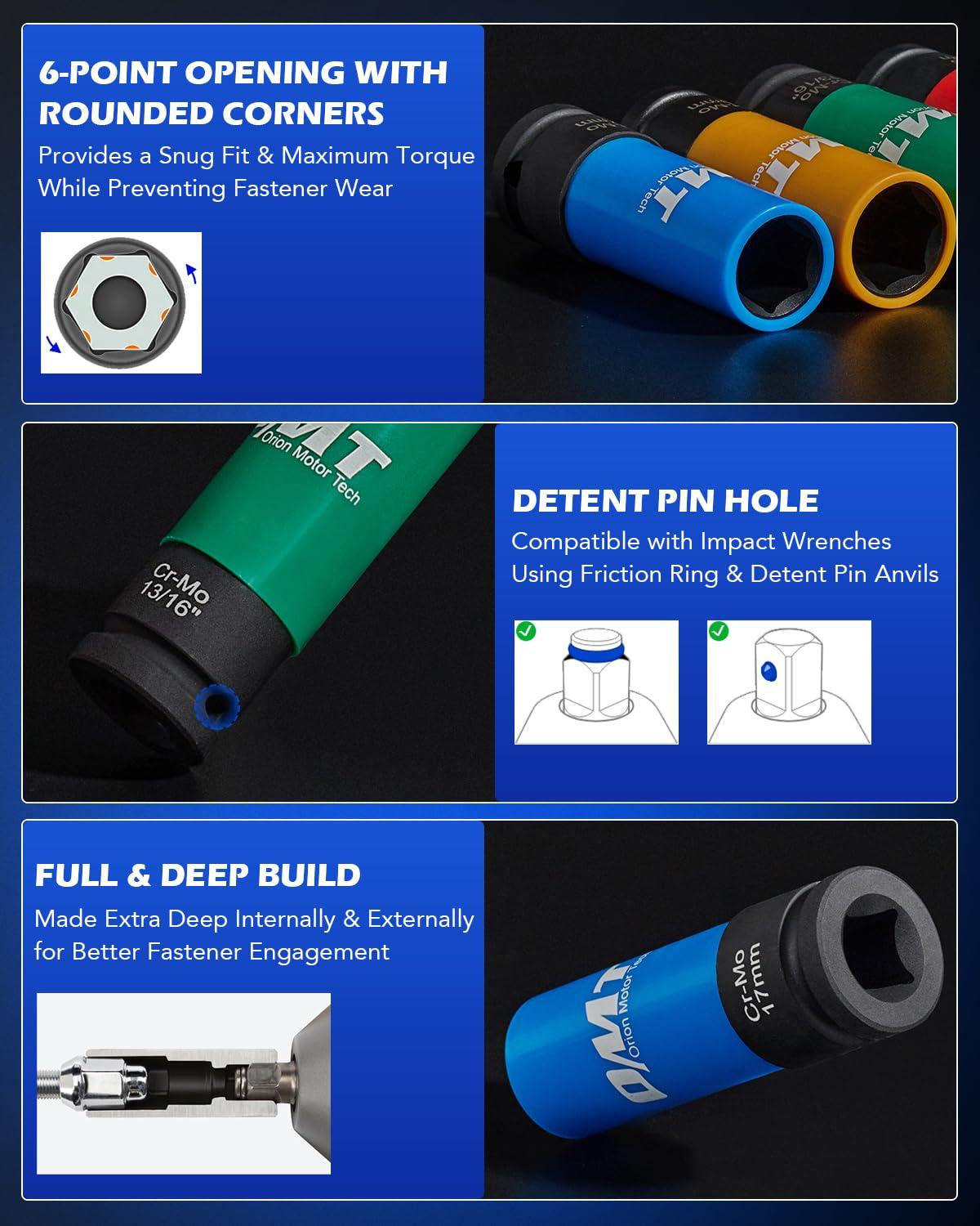 imageOrion Motor Tech 12quot Drive Lug Nut Socket Set Metric 17 19 21 mm ampamp SAE 1316 78 in Wheel Socket Set 5pc Impact Lug Nut Socket Set Thin Wall Lug Nut Sockets with Colored Protective Covers1316 in  78 in  17 mm  19 mm  21 mm