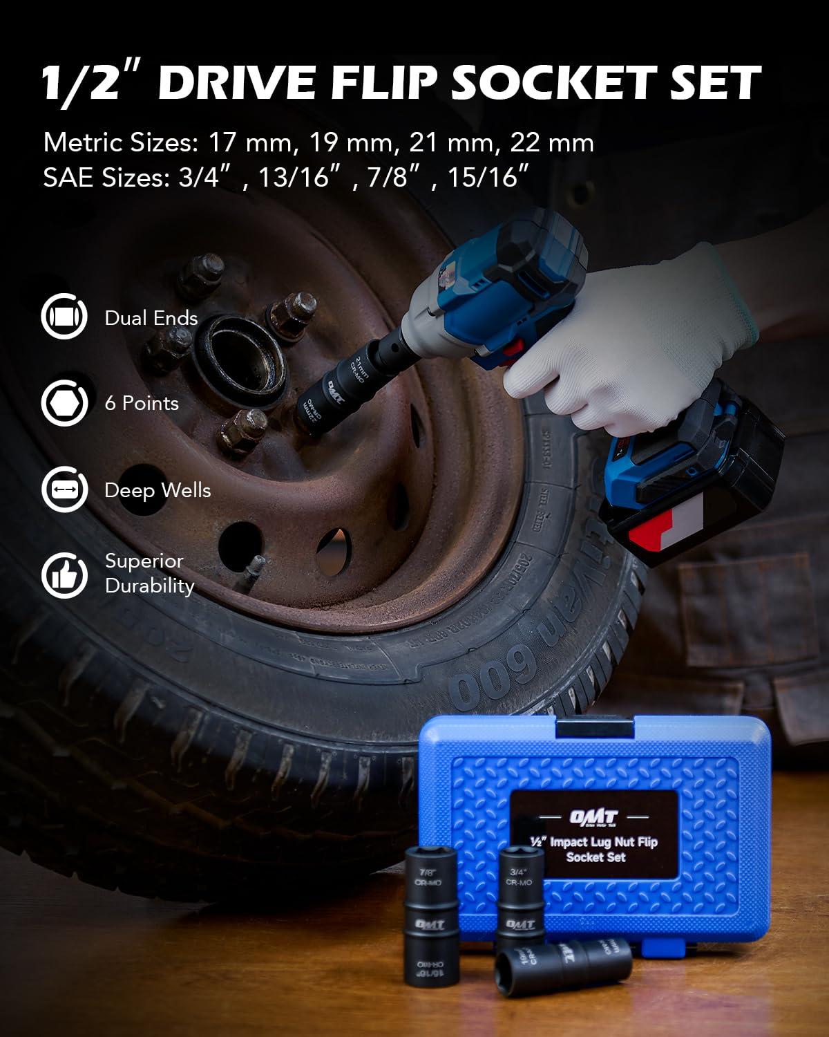 imageOrion Motor Tech 12quot Drive Lug Nut Socket Set Metric 17 19 21 mm ampamp SAE 1316 78 in Wheel Socket Set 5pc Impact Lug Nut Socket Set Thin Wall Lug Nut Sockets with Colored Protective CoversFlip  17 19 21 22 mm  34 1316 78 1516 in