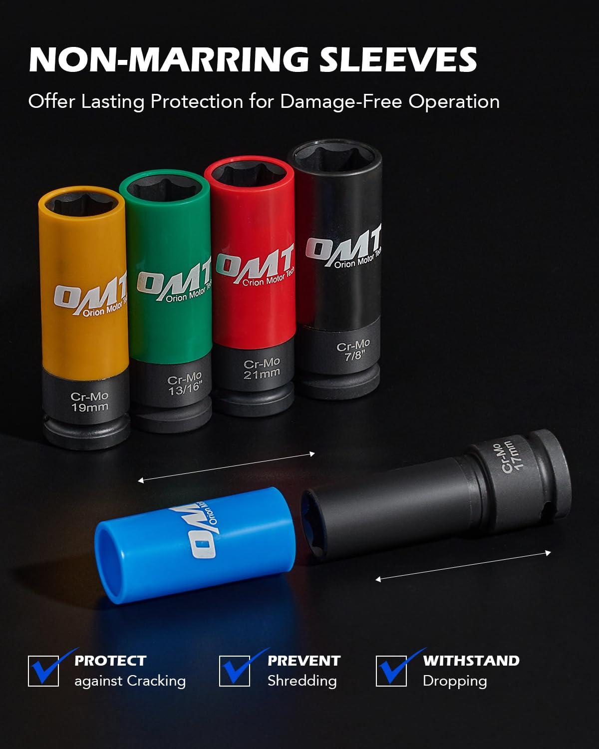 imageOrion Motor Tech 12quot Drive Lug Nut Socket Set Metric 17 19 21 mm ampamp SAE 1316 78 in Wheel Socket Set 5pc Impact Lug Nut Socket Set Thin Wall Lug Nut Sockets with Colored Protective Covers1316 in  78 in  17 mm  19 mm  21 mm