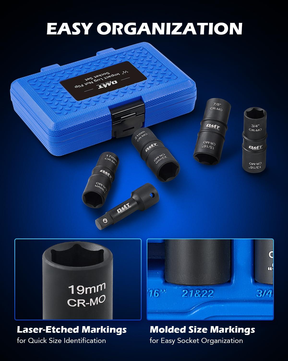 imageOrion Motor Tech 12quot Drive Lug Nut Socket Set Metric 17 19 21 mm ampamp SAE 1316 78 in Wheel Socket Set 5pc Impact Lug Nut Socket Set Thin Wall Lug Nut Sockets with Colored Protective CoversFlip  17 19 21 22 mm  34 1316 78 1516 in