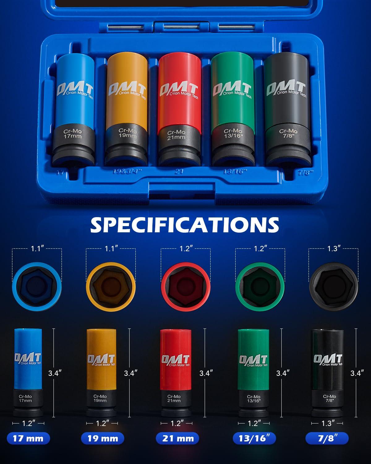 imageOrion Motor Tech 12quot Drive Lug Nut Socket Set Metric 17 19 21 mm ampamp SAE 1316 78 in Wheel Socket Set 5pc Impact Lug Nut Socket Set Thin Wall Lug Nut Sockets with Colored Protective Covers1316 in  78 in  17 mm  19 mm  21 mm