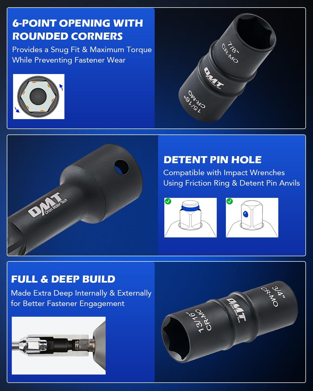 imageOrion Motor Tech 12quot Drive Lug Nut Socket Set Metric 17 19 21 mm ampamp SAE 1316 78 in Wheel Socket Set 5pc Impact Lug Nut Socket Set Thin Wall Lug Nut Sockets with Colored Protective CoversFlip  17 19 21 22 mm  34 1316 78 1516 in