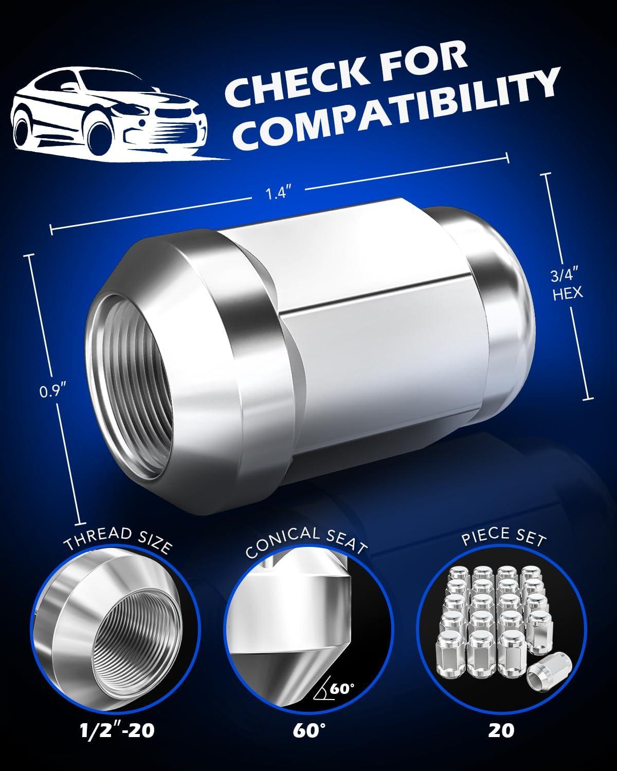 imageOrion Motor Tech 12quot20 Open End Lug Nuts 34quot 19mm Hex 084x09 in Chrome Plated Wheel Lug Nuts Compatible with Dodge Dakota Ramcharger Ford Bronco Explorer F150 Jeep Wrangler Set of 20Silver