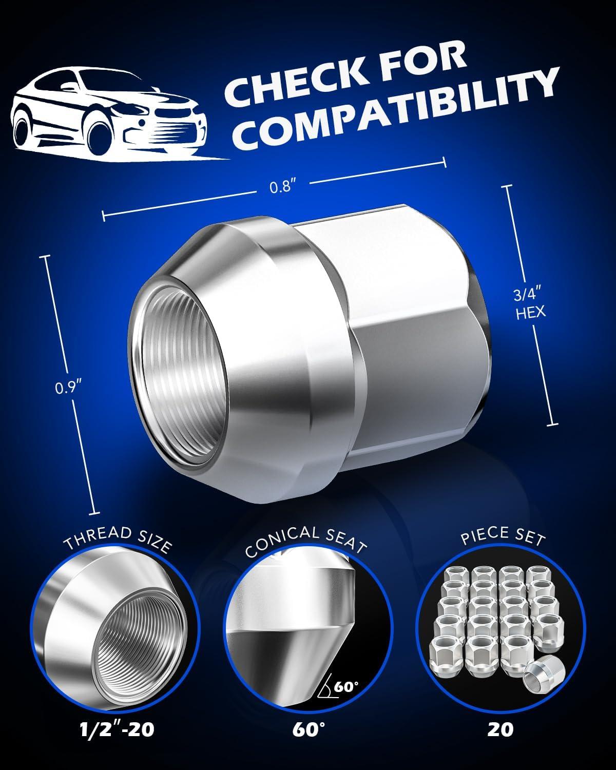 imageOrion Motor Tech 12quot20 Open End Lug Nuts 34quot 19mm Hex 084x09 in Chrome Plated Wheel Lug Nuts Compatible with Dodge Dakota Ramcharger Ford Bronco Explorer F150 Jeep Wrangler Set of 20Silver
