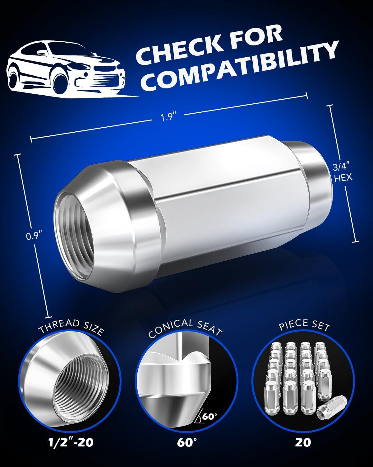 imageOrion Motor Tech 12quot20 Open End Lug Nuts 34quot 19mm Hex 084x09 in Chrome Plated Wheel Lug Nuts Compatible with Dodge Dakota Ramcharger Ford Bronco Explorer F150 Jeep Wrangler Set of 20Silver
