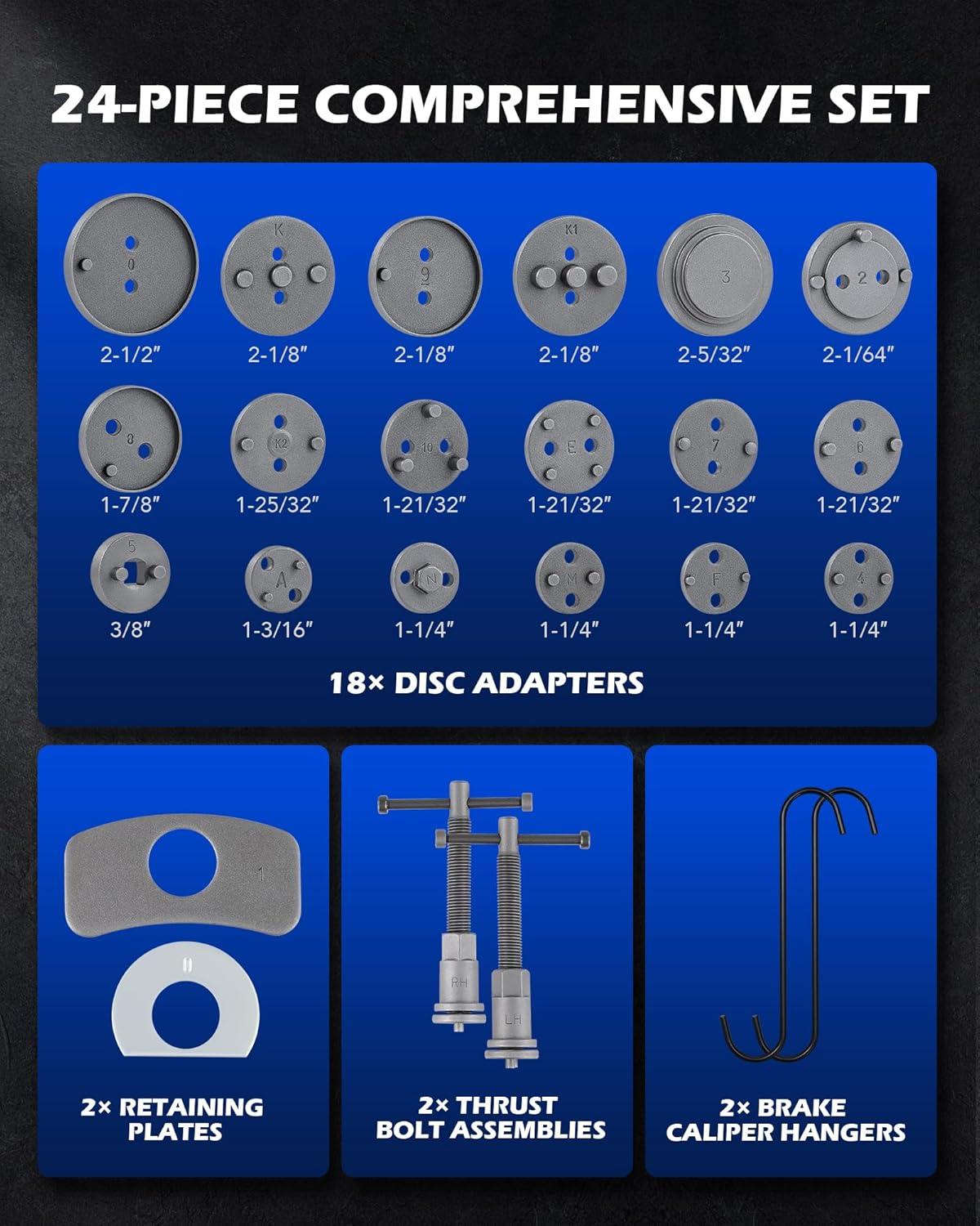 imageOrion Motor Tech 24pcs Brake Caliper Tool Heavy Duty Brake Caliper Compression Tool Caliper Piston Tool for Brake Pad Replacement Reset with Thrust Bolt Assemblies Retaining Plates 18 Disc AdaptersBlue