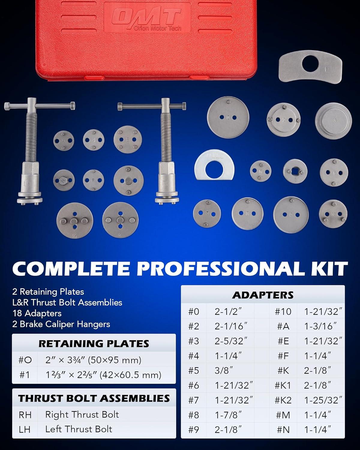 imageOrion Motor Tech 24pcs Brake Caliper Tool Heavy Duty Brake Caliper Compression Tool Caliper Piston Tool for Brake Pad Replacement Reset with Thrust Bolt Assemblies Retaining Plates 18 Disc AdaptersRed
