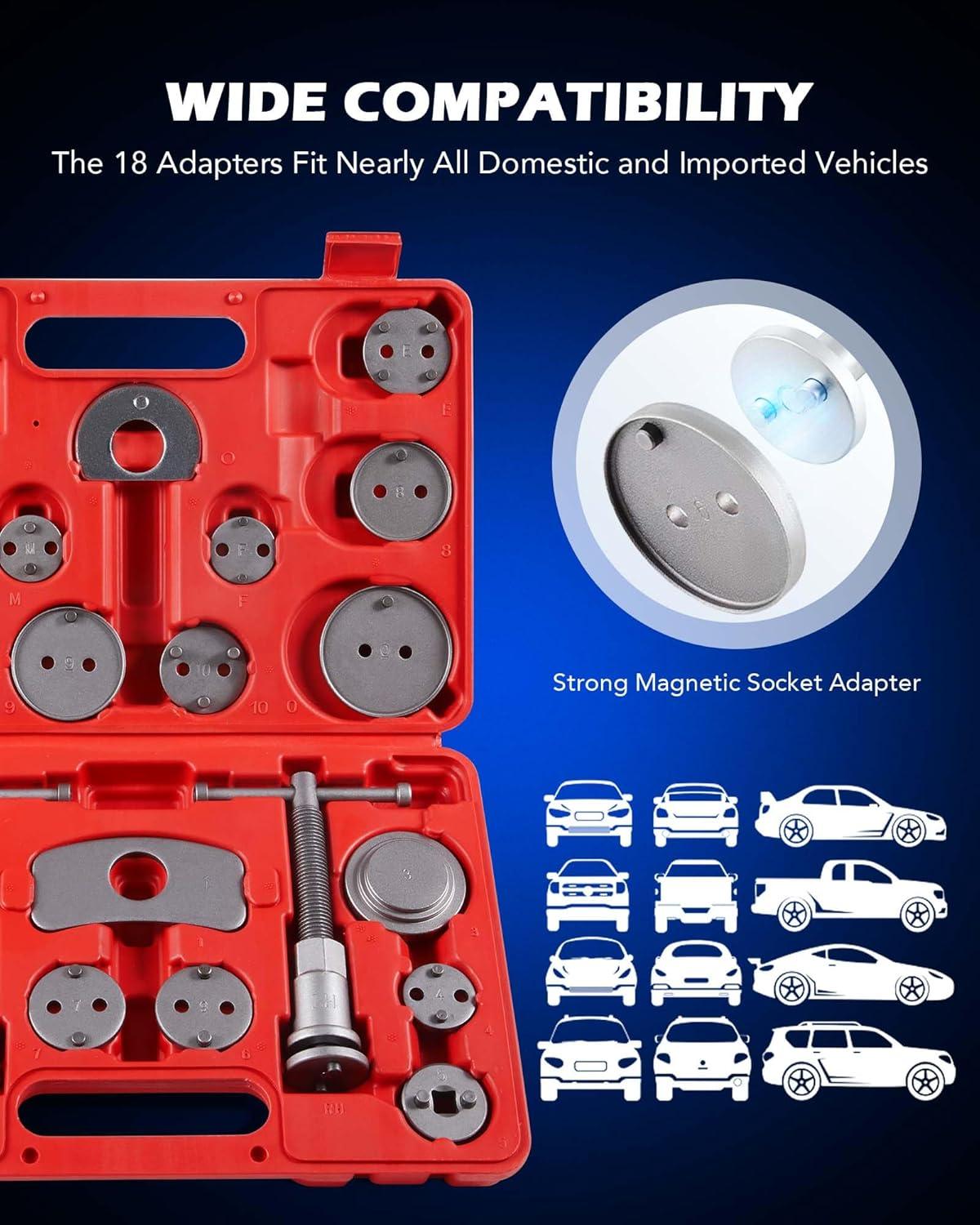 imageOrion Motor Tech 24pcs Brake Caliper Tool Heavy Duty Brake Caliper Compression Tool Caliper Piston Tool for Brake Pad Replacement Reset with Thrust Bolt Assemblies Retaining Plates 18 Disc AdaptersRed
