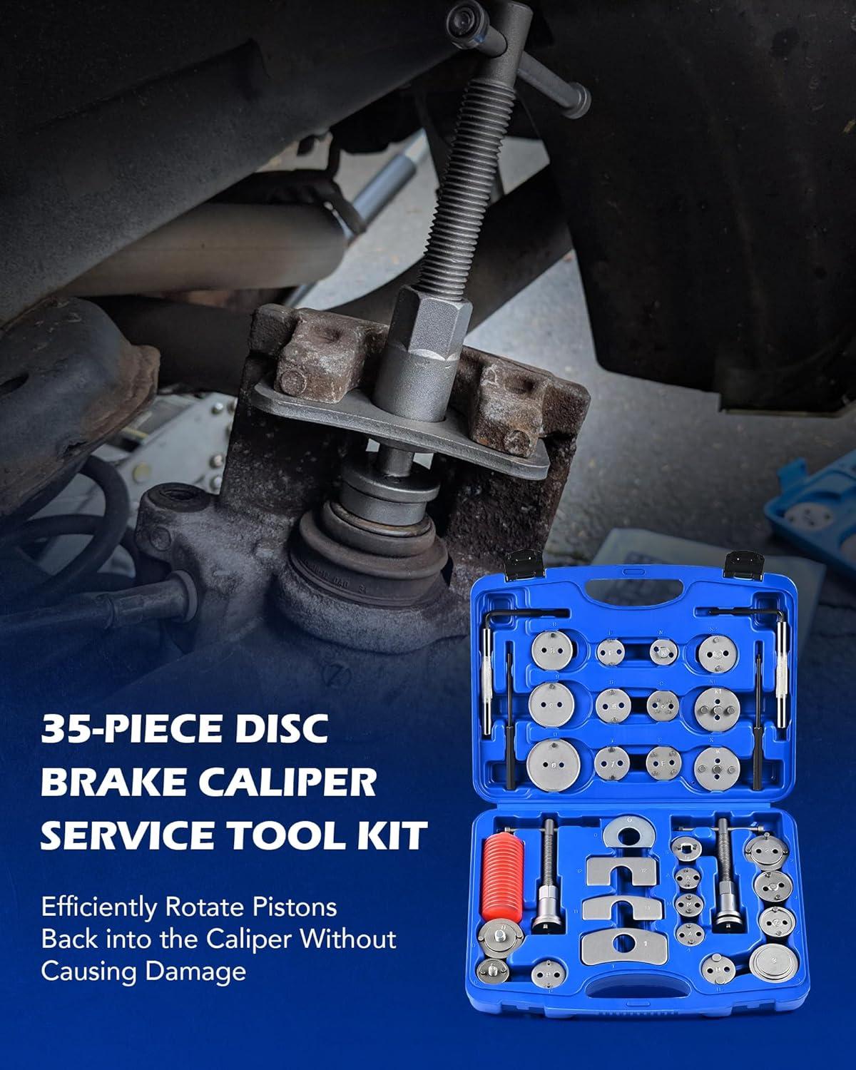 imageOrion Motor Tech 35 Piece Disc Brake Caliper Tool Kit Heavy Duty Brake Caliper Compression Tool Kit for Brake Pad Replacement Brake Piston Caliper Compressor Tool with 24 Adapters Fits Most VehiclesBlue
