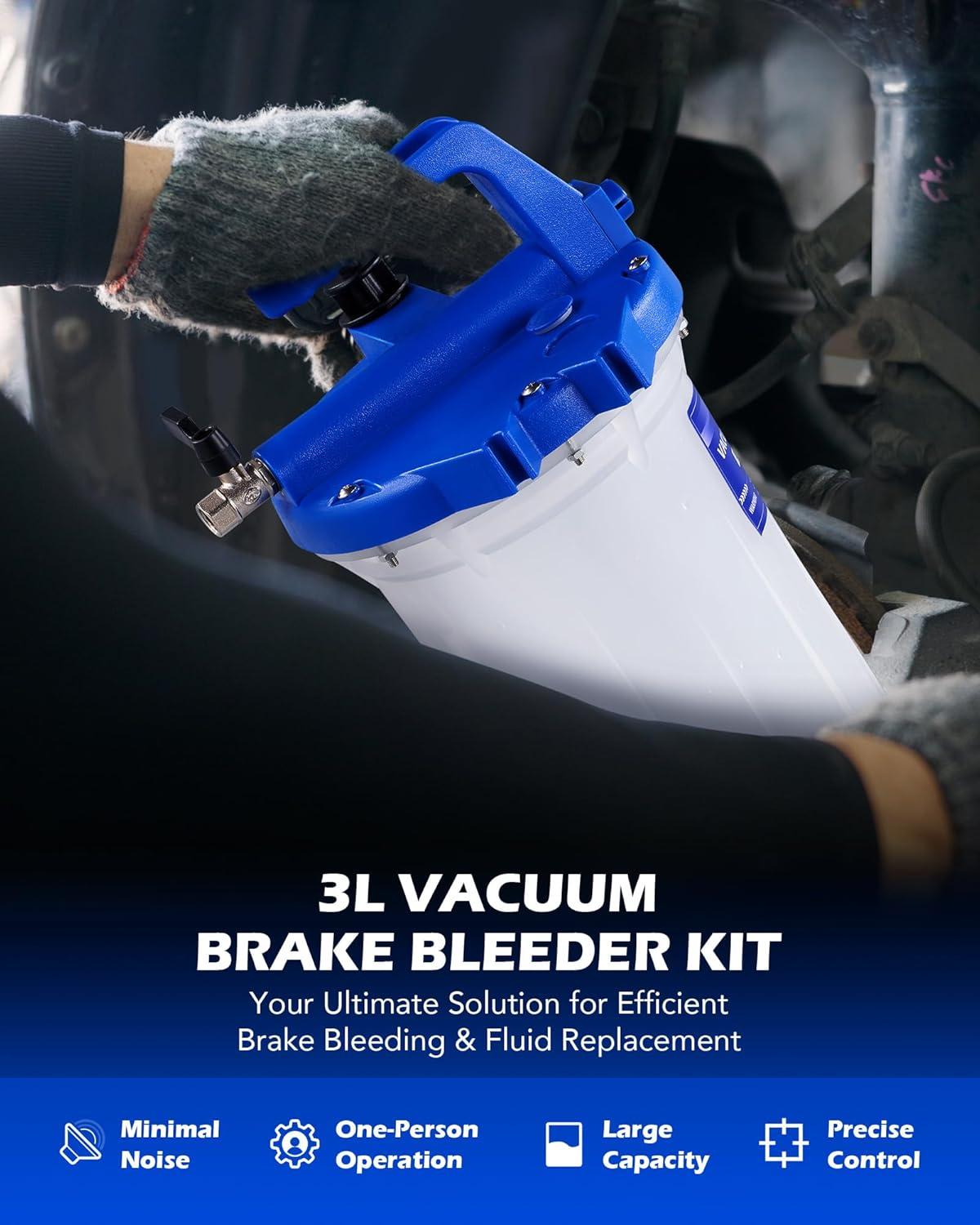 imageOrion Motor Tech 3L Vacuum Brake Bleeder Kit Pneumatic Brake Fluid Bleeder Kit with 32 qt Brake Fluid Extractor 1L Refilling Bottle 18 Adapters One Person Brake Bleed Fluid Pump Brake Bleeding Tool