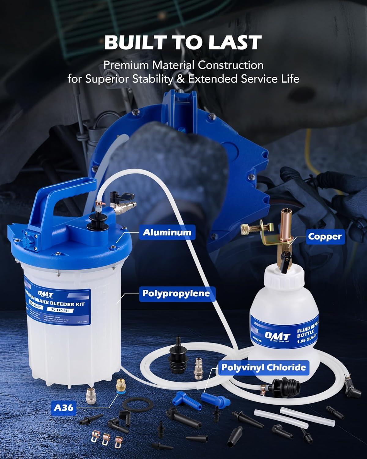 imageOrion Motor Tech 3L Vacuum Brake Bleeder Kit Pneumatic Brake Fluid Bleeder Kit with 32 qt Brake Fluid Extractor 1L Refilling Bottle 18 Adapters One Person Brake Bleed Fluid Pump Brake Bleeding Tool