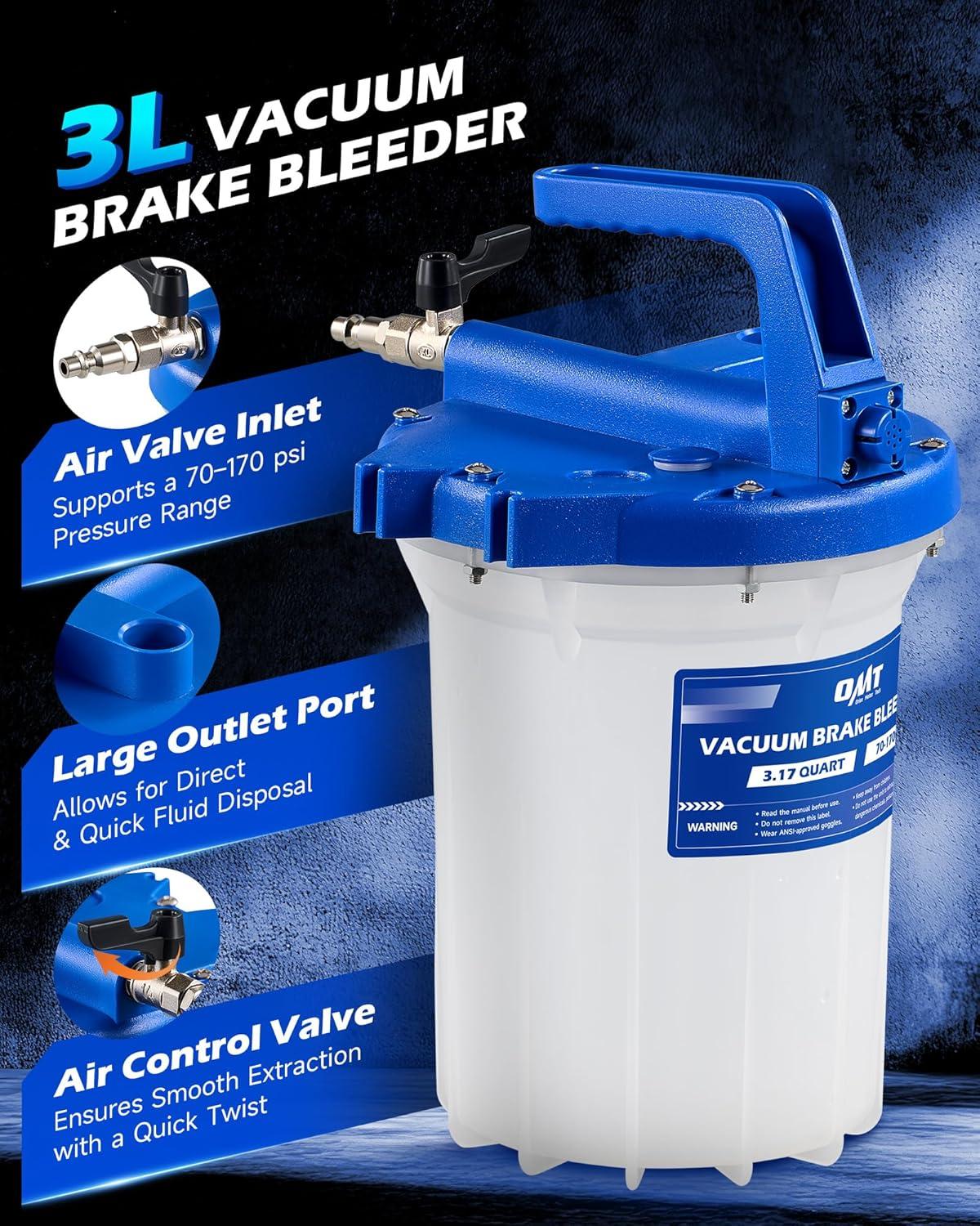 imageOrion Motor Tech 3L Vacuum Brake Bleeder Kit Pneumatic Brake Fluid Bleeder Kit with 32 qt Brake Fluid Extractor 1L Refilling Bottle 18 Adapters One Person Brake Bleed Fluid Pump Brake Bleeding Tool