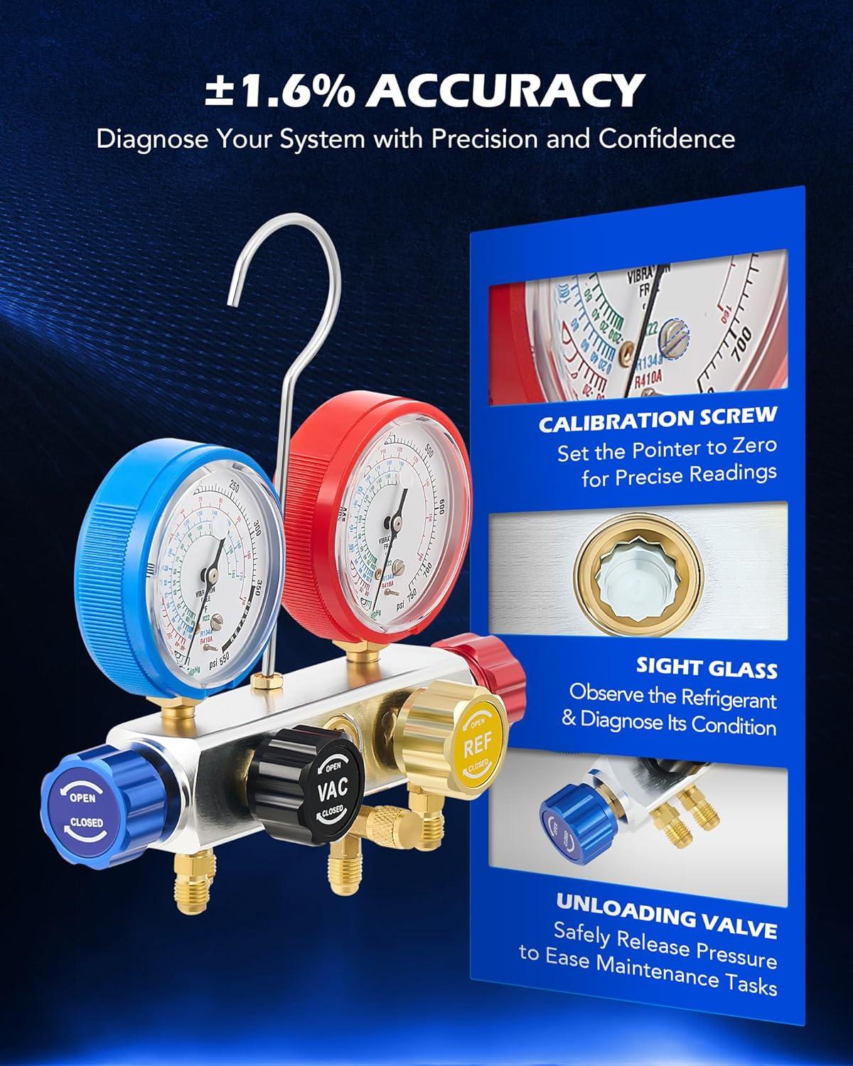 imageOrion Motor Tech 4 Way AC Diagnostic Manifold Gauge Set Fits R134A R410A and R22 Refrigerants with 5FT Hose 3 Tank Adapters Adjustable Couplers and Can Tap