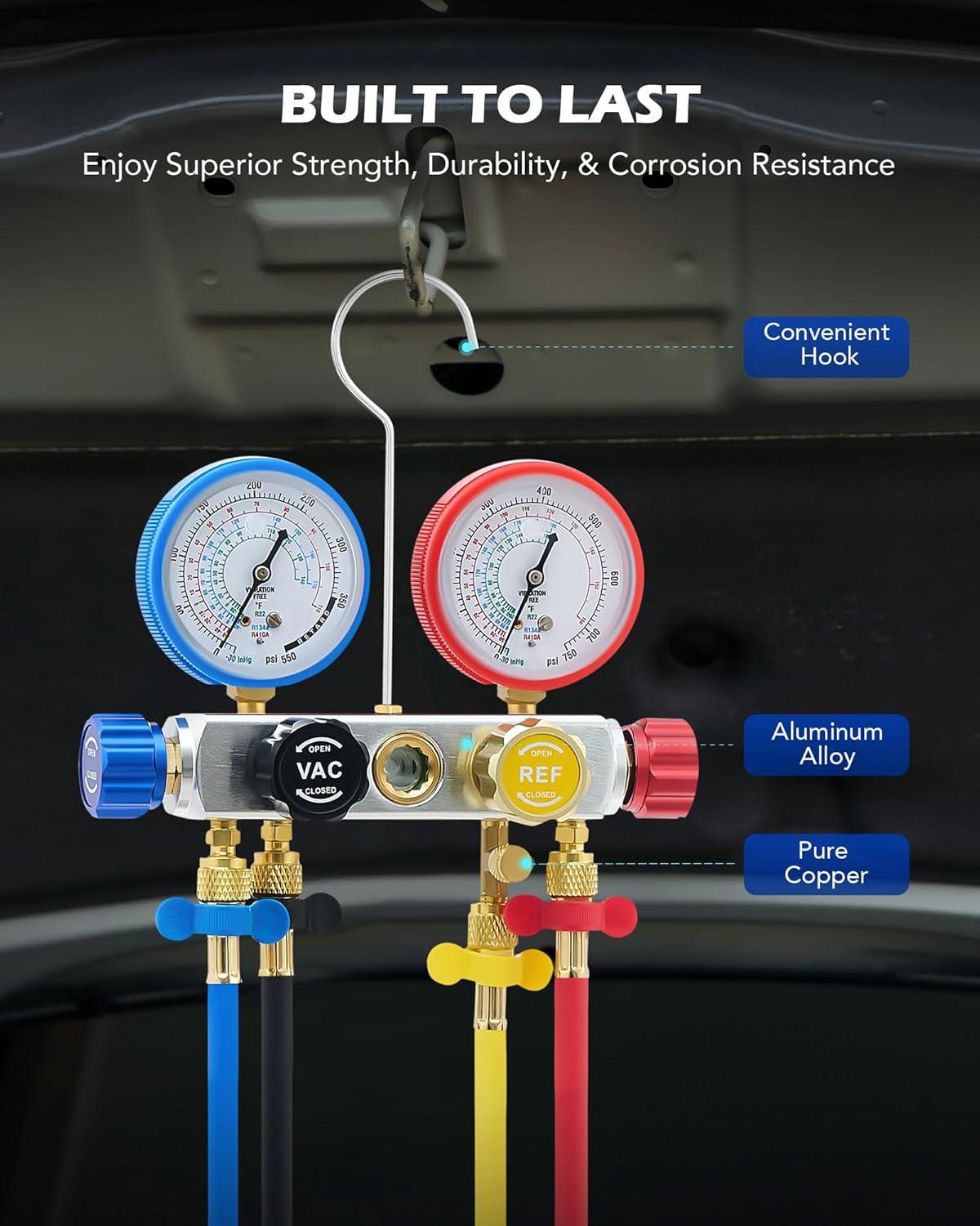 imageOrion Motor Tech 4 Way AC Diagnostic Manifold Gauge Set Fits R134A R410A and R22 Refrigerants with 5FT Hose 3 Tank Adapters Adjustable Couplers and Can Tap