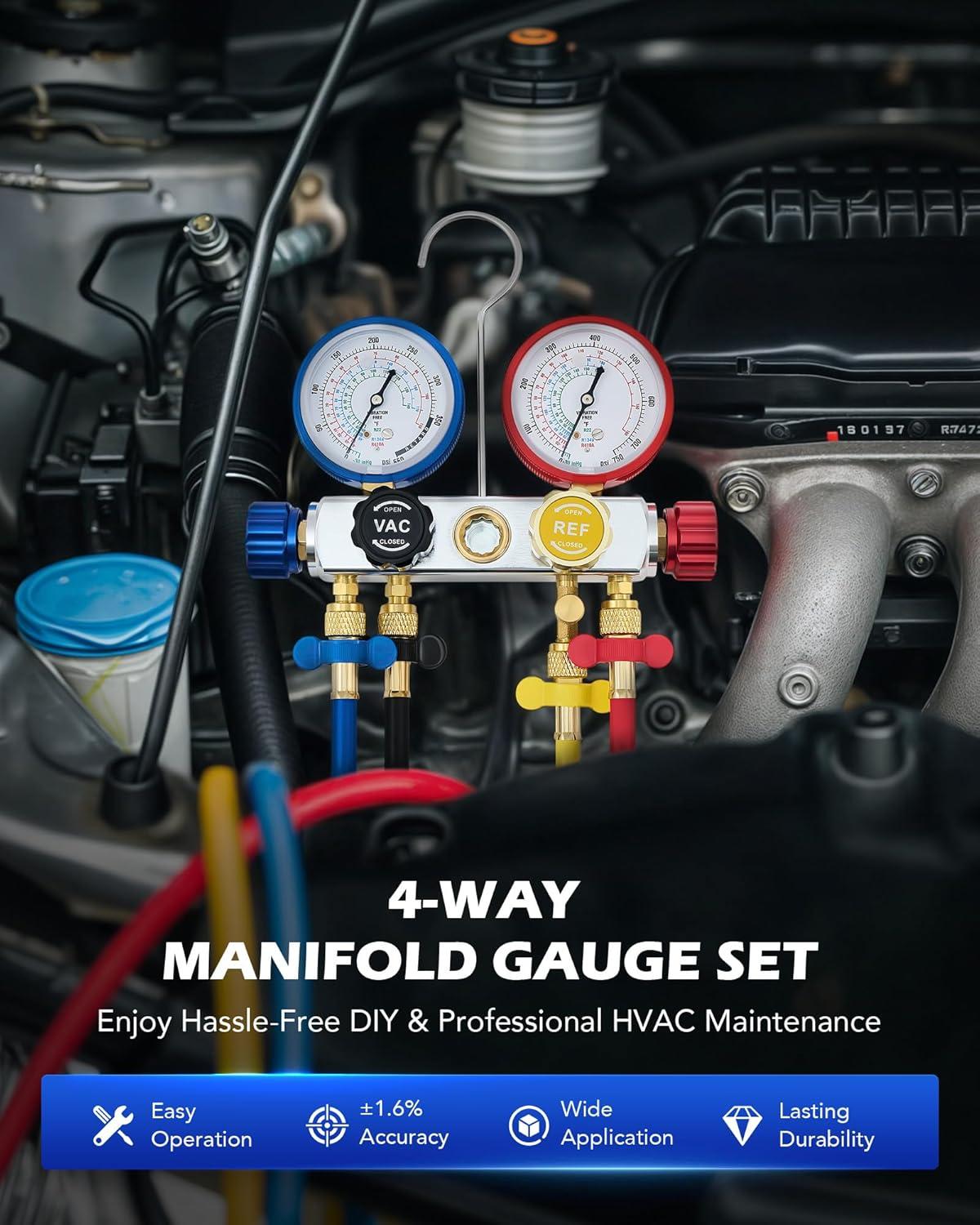 imageOrion Motor Tech 4 Way AC Diagnostic Manifold Gauge Set Fits R134A R410A and R22 Refrigerants with 5FT Hose 3 Tank Adapters Adjustable Couplers and Can Tap