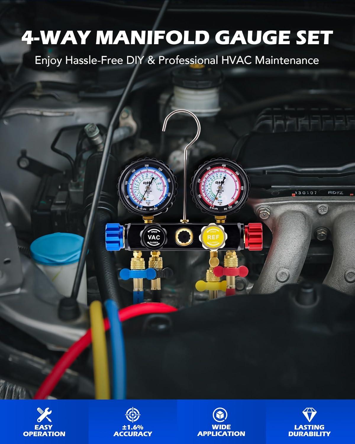 imageOrion Motor Tech 4 Way AC Gauge Set for R410a R22 R134a Refrigerant 4 Valve Automotive AC Manifold with 5ft Hoses R410a Adapters Can Tap