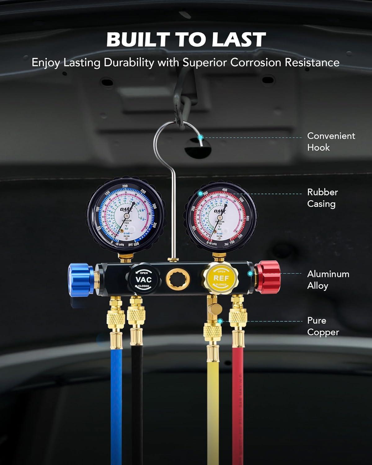 imageOrion Motor Tech 4 Way AC Gauge Set for R410a R22 R134a Refrigerant 4 Valve Automotive AC Manifold with 5ft Hoses R410a Adapters Can Tap