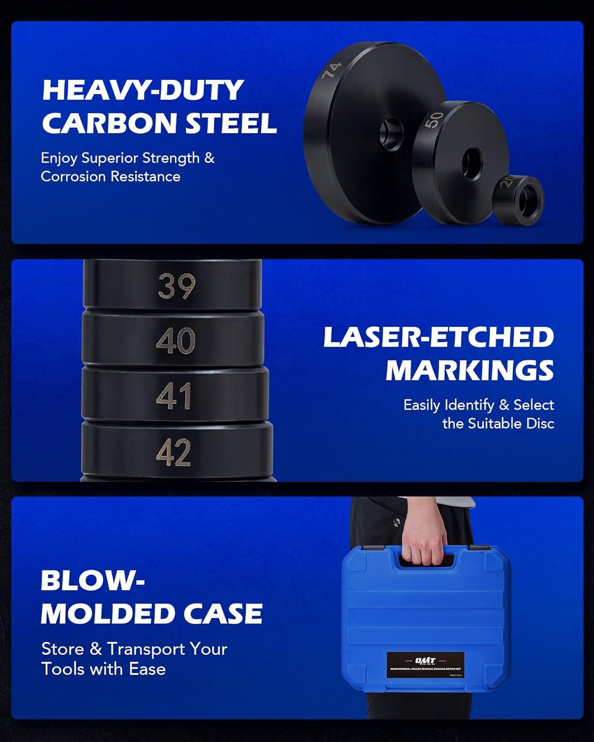 imageOrion Motor Tech 52in1 Custom Bushing Driver Tool Set and Transmission Wheel Axle Bearing Race Seal Installer Remover Bush Removal Puller Bearing Press Tool Kitblue