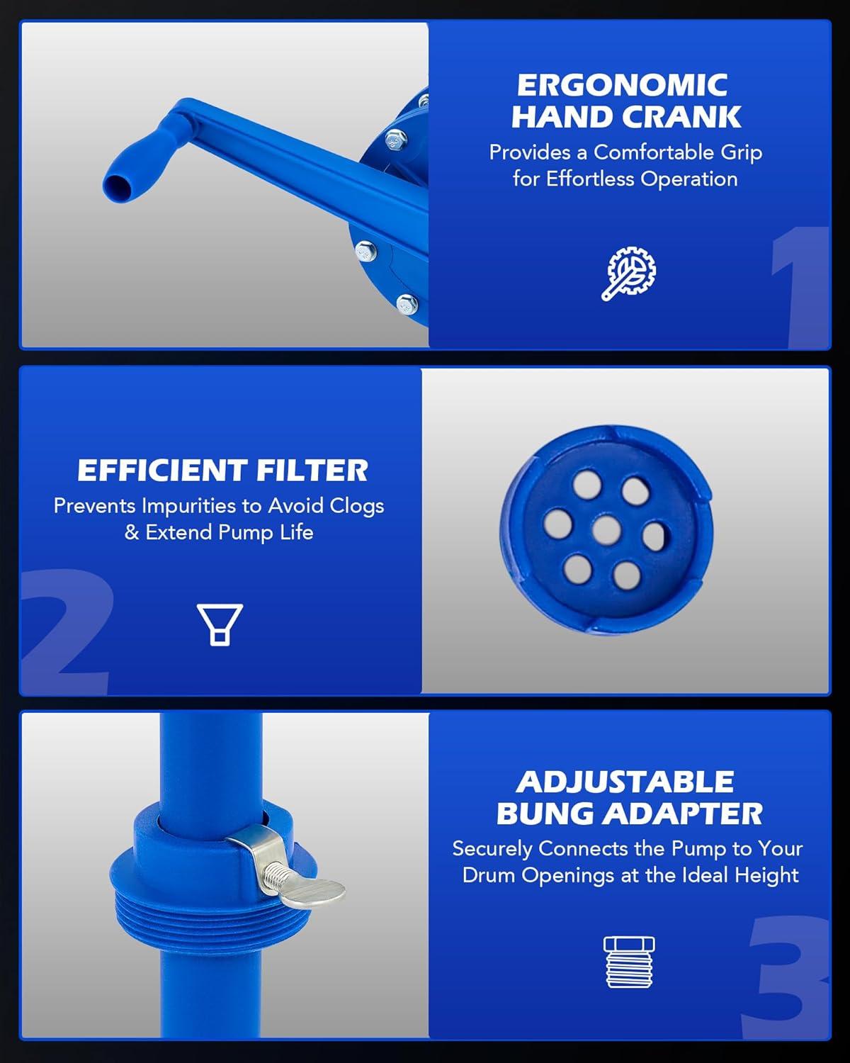 imageOrion Motor Tech 55 Gallon Drum Pump Rotary Barrel Pump for Transfer of Chemicals Acidic Solutions Fuel Water Based Fluids Drum Pump Fits 5 to 55 Gallon Drums Hand Water Pump for 55 Gallon Barrel