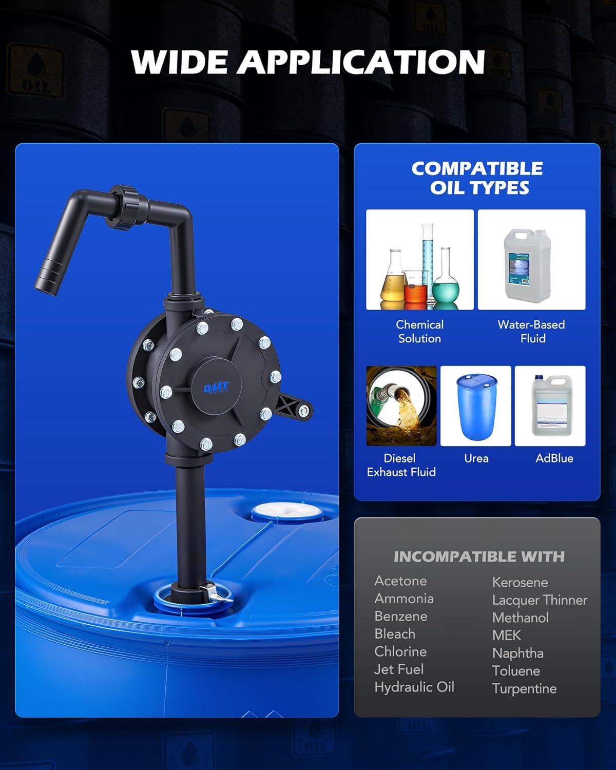 imageOrion Motor Tech 55 Gallon Drum Pump Rotary Barrel Pump for Transfer of Chemicals Acidic Solutions Fuel Water Based Fluids Fits 5 to 55 Gallon Drums Hand Water Pump Black