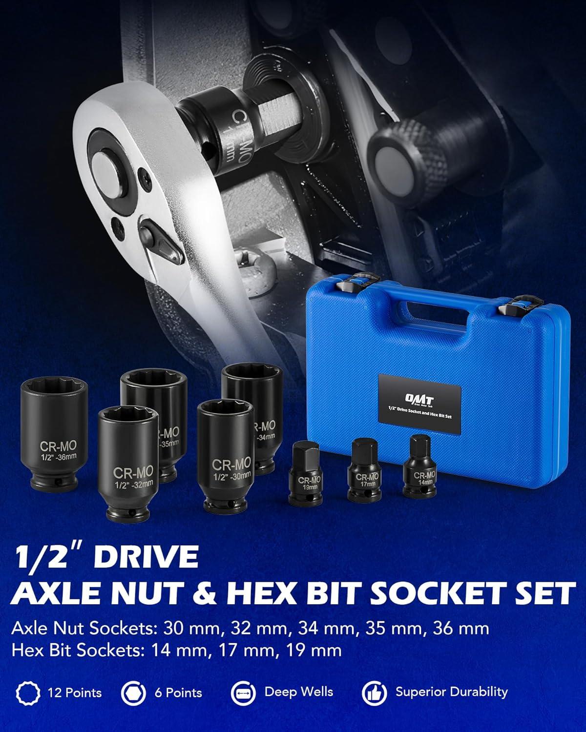 imageOrion Motor Tech 8pc Axle Nut Socket Set 12 in Drive Metric 12 Point CRMO Axle Nut Impact Socket Set ExtraDeep Spindle Axle Nut Sockets with Storage Case 14mm 17mm 19mm 30mm 32mm 34mm 35mm 36mm