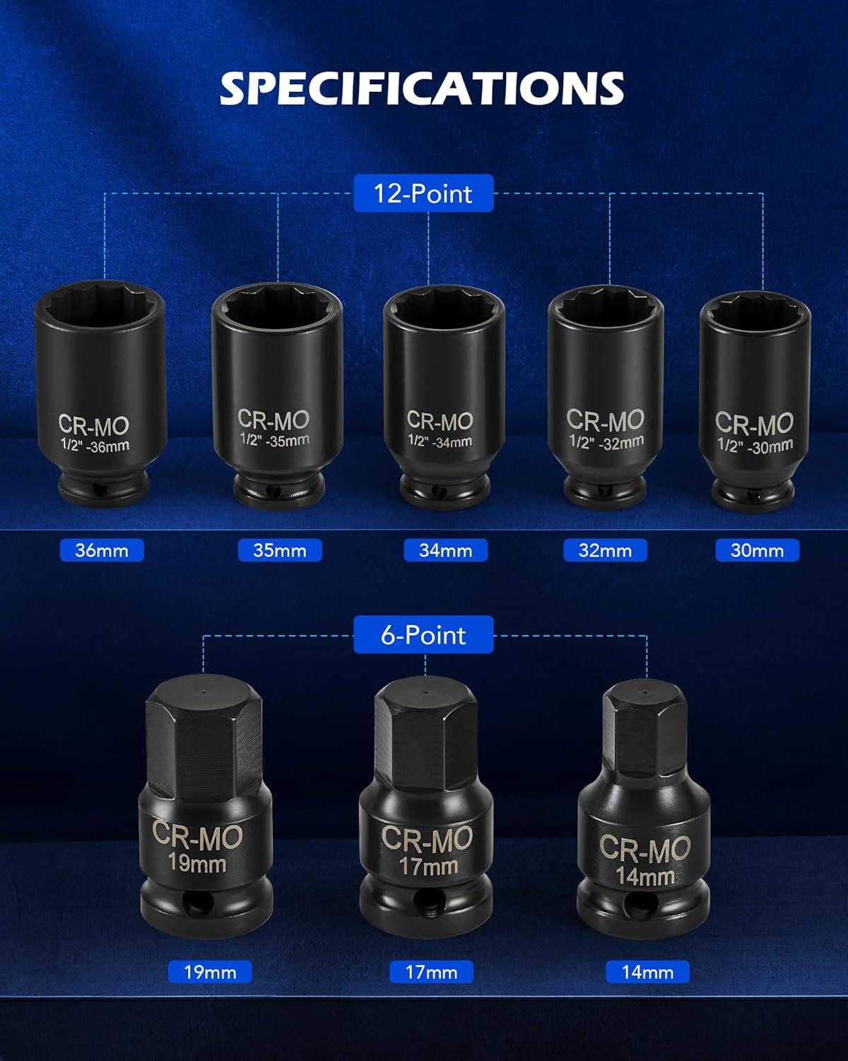imageOrion Motor Tech 8pc Axle Nut Socket Set 12 in Drive Metric 12 Point CRMO Axle Nut Impact Socket Set ExtraDeep Spindle Axle Nut Sockets with Storage Case 14mm 17mm 19mm 30mm 32mm 34mm 35mm 36mm