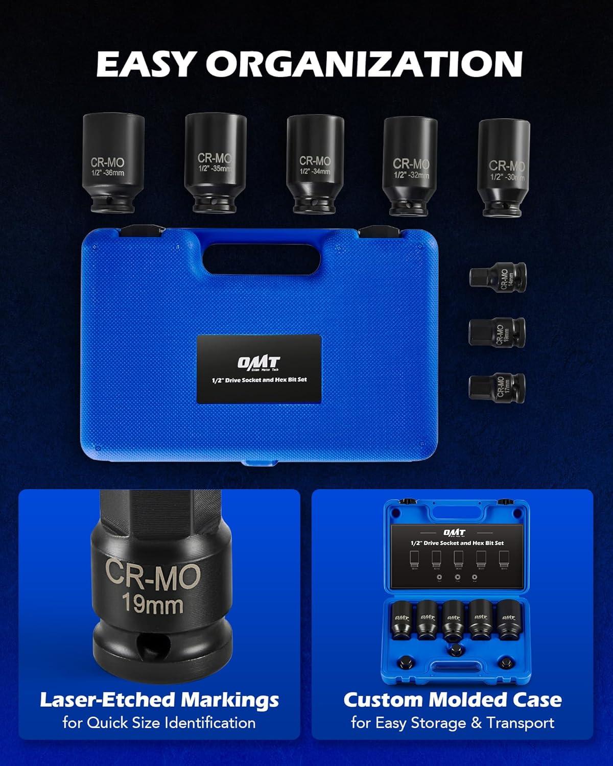 imageOrion Motor Tech 8pc Axle Nut Socket Set 12 in Drive Metric 12 Point CRMO Axle Nut Impact Socket Set ExtraDeep Spindle Axle Nut Sockets with Storage Case 14mm 17mm 19mm 30mm 32mm 34mm 35mm 36mm