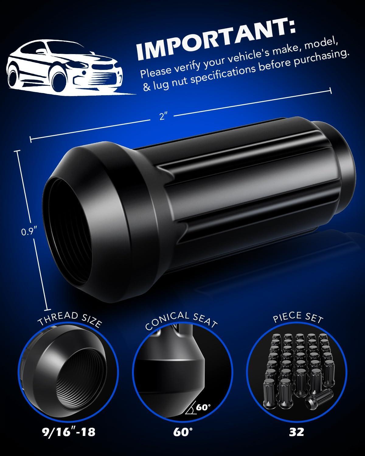 imageOrion Motor Tech 91618 Wheel Lug Nuts 32 Pack Black 916 x 18 Trim Lug Nuts 2 inches Tall Spline Drive Cone Seat Compatible with Dodge 19942011 Ram 2500 3500 Aftermarket Wheel 8x65 5x55Black