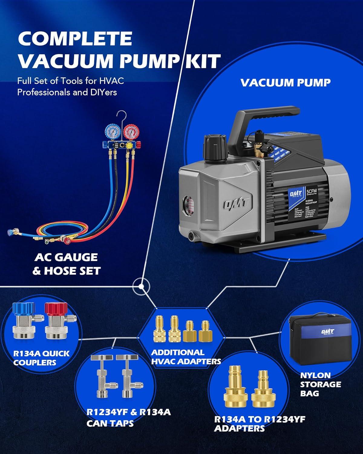 imageOrion Motor Tech A2L AC Vacuum Pump and Gauge Set 5 cfm 2 Stage Sparkless Ignition Proof Vacuum Pump for R1234yf R32 R134a R410A System with 4 Way AC Gauges Quick Couplers Thermometer Can Taps Hoses