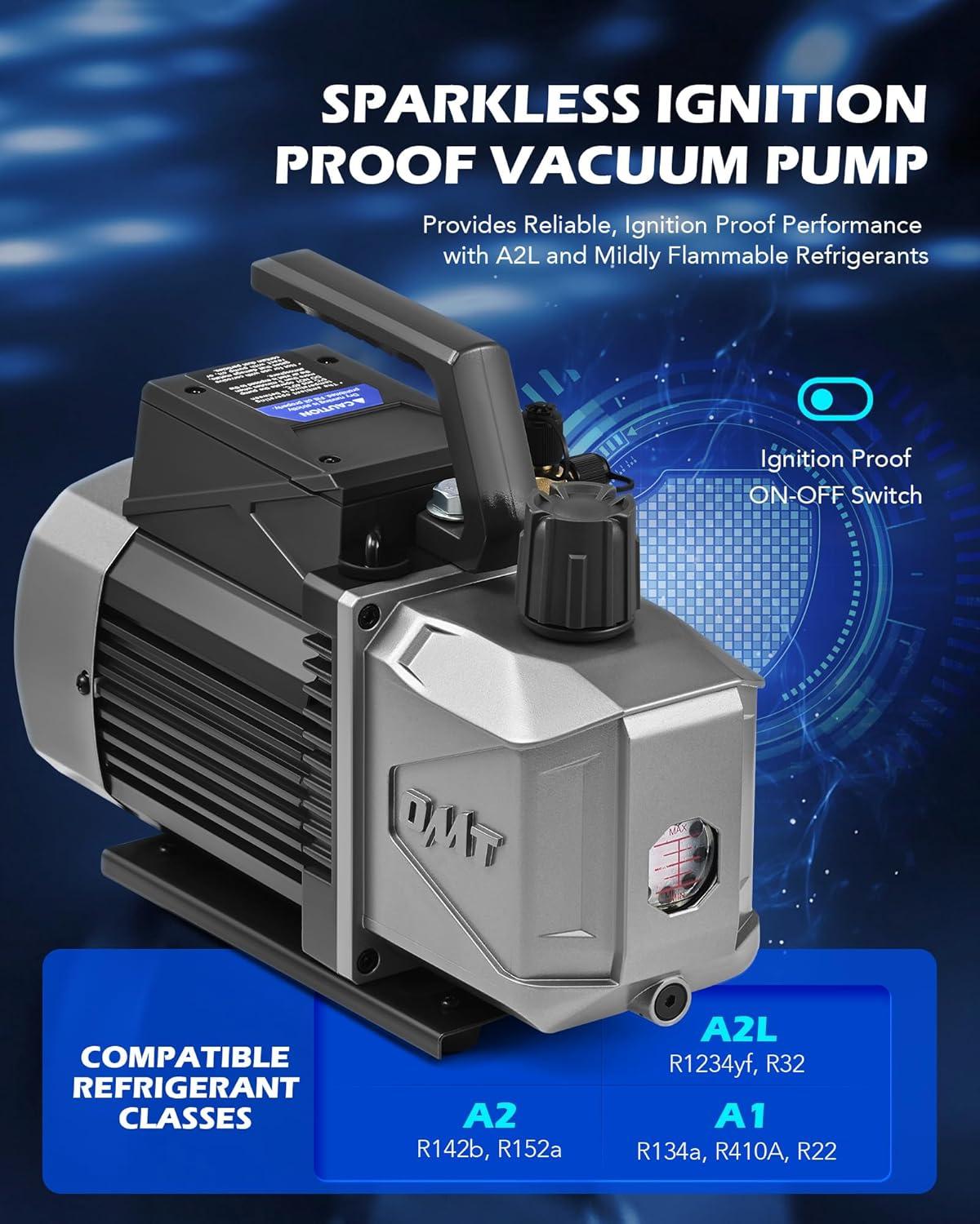 imageOrion Motor Tech A2L AC Vacuum Pump and Gauge Set 5 cfm 2 Stage Sparkless Ignition Proof Vacuum Pump for R1234yf R32 R134a R410A System with 4 Way AC Gauges Quick Couplers Thermometer Can Taps Hoses