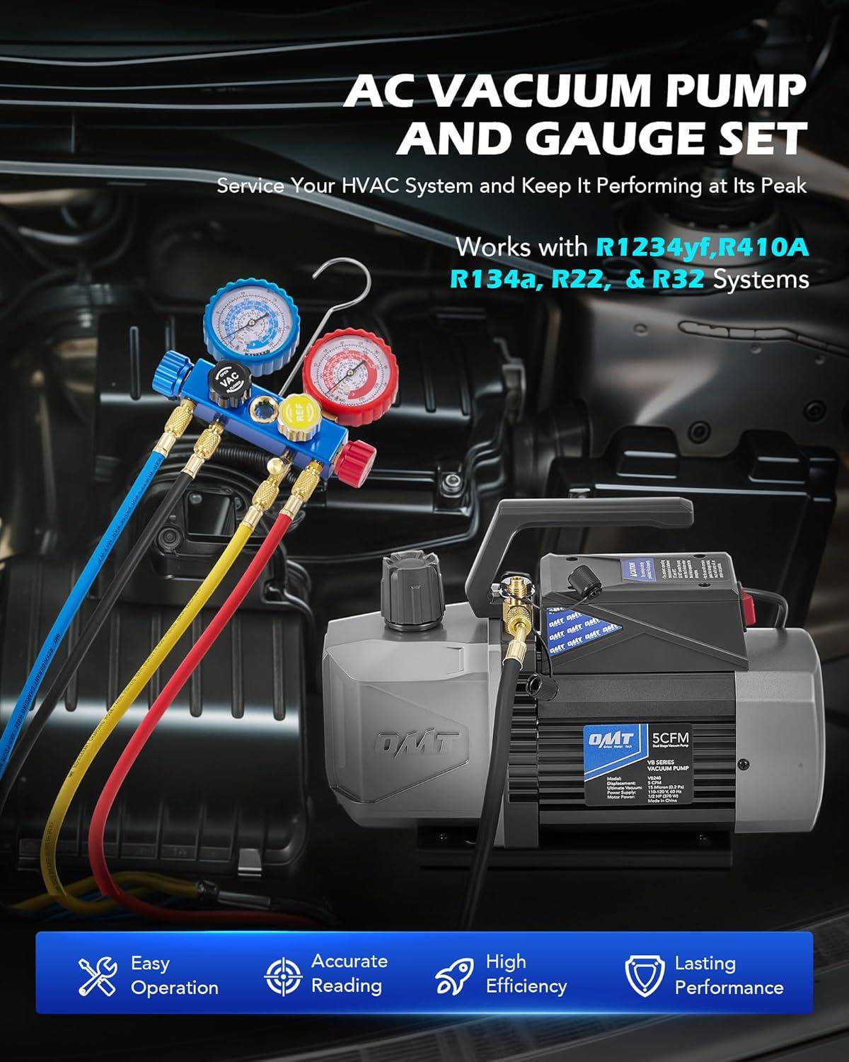 imageOrion Motor Tech A2L AC Vacuum Pump and Gauge Set 5 cfm 2 Stage Sparkless Ignition Proof Vacuum Pump for R1234yf R32 R134a R410A System with 4 Way AC Gauges Quick Couplers Thermometer Can Taps Hoses