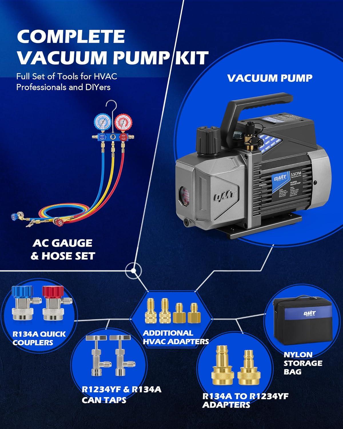 imageOrion Motor Tech A2L AC Vacuum Pump and Gauge Set for R1234yf R32 R134a R410A Systems with 35 cfm Sparkless Ignition Proof Vacuum Pump 3 Way AC Gauges Quick Couplers Can Taps Hoses Thermometer