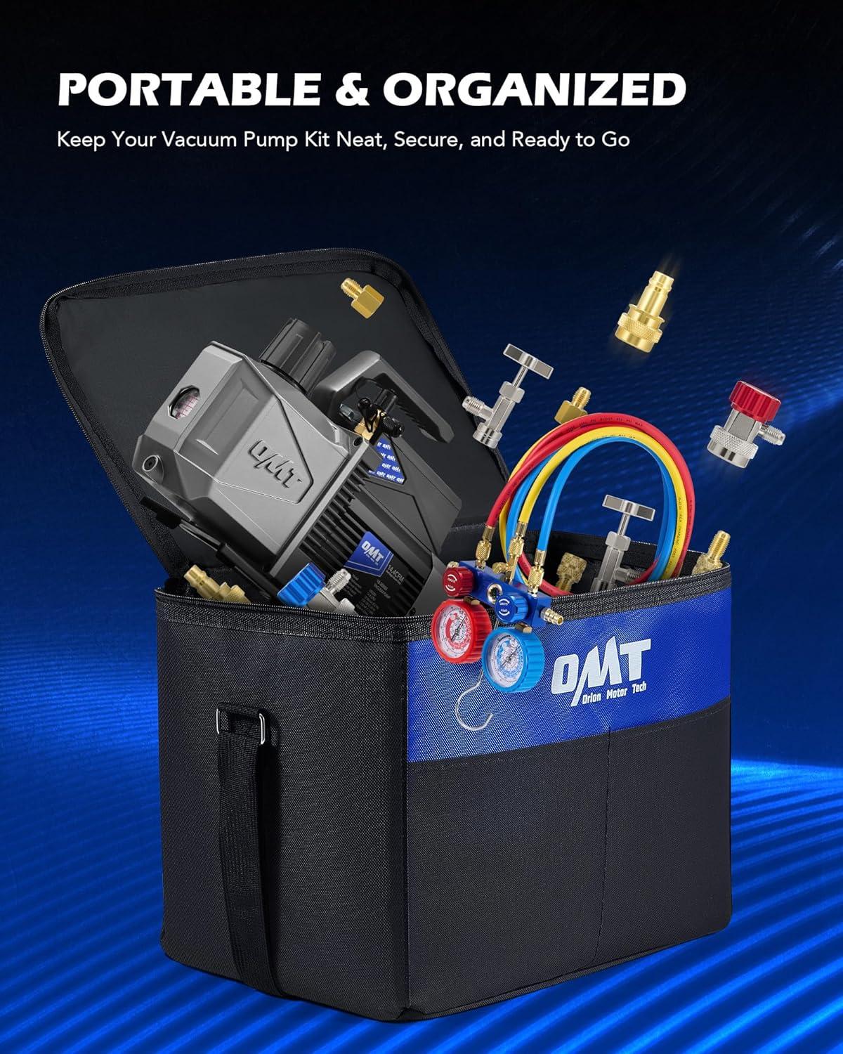 imageOrion Motor Tech A2L AC Vacuum Pump and Gauge Set for R1234yf R32 R134a R410A Systems with 35 cfm Sparkless Ignition Proof Vacuum Pump 3 Way AC Gauges Quick Couplers Can Taps Hoses Thermometer