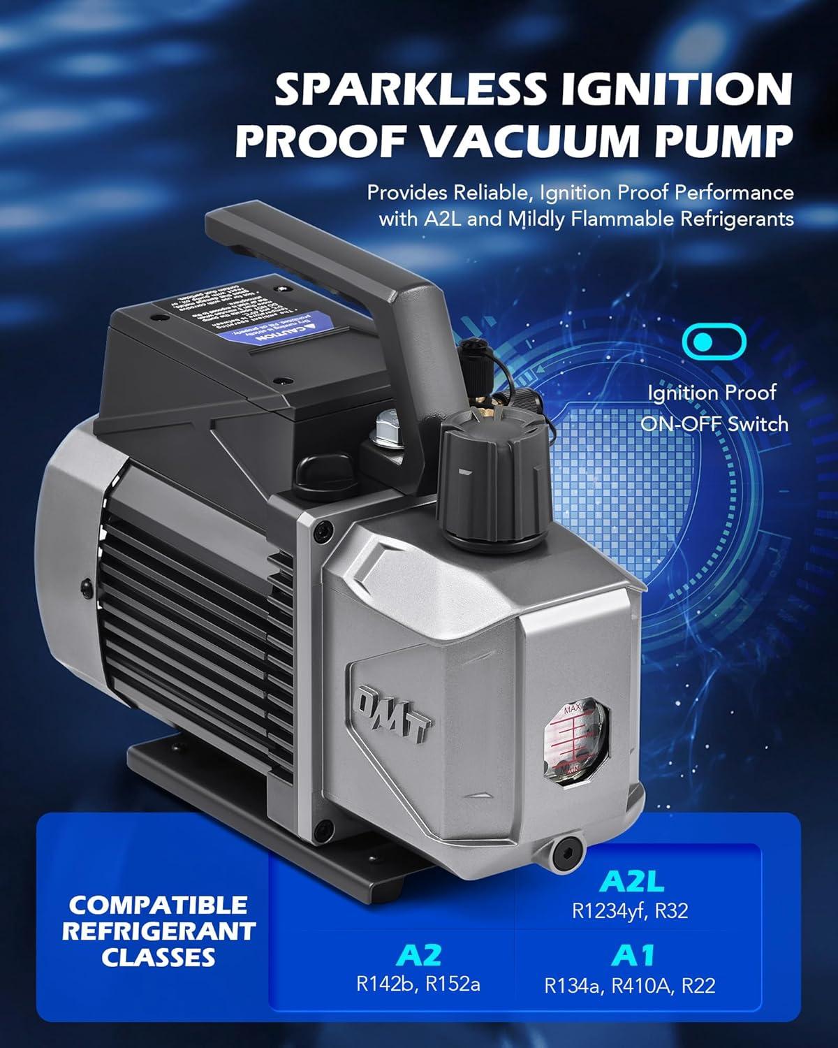 imageOrion Motor Tech A2L AC Vacuum Pump and Gauge Set for R1234yf R32 R134a R410A Systems with 35 cfm Sparkless Ignition Proof Vacuum Pump 3 Way AC Gauges Quick Couplers Can Taps Hoses Thermometer