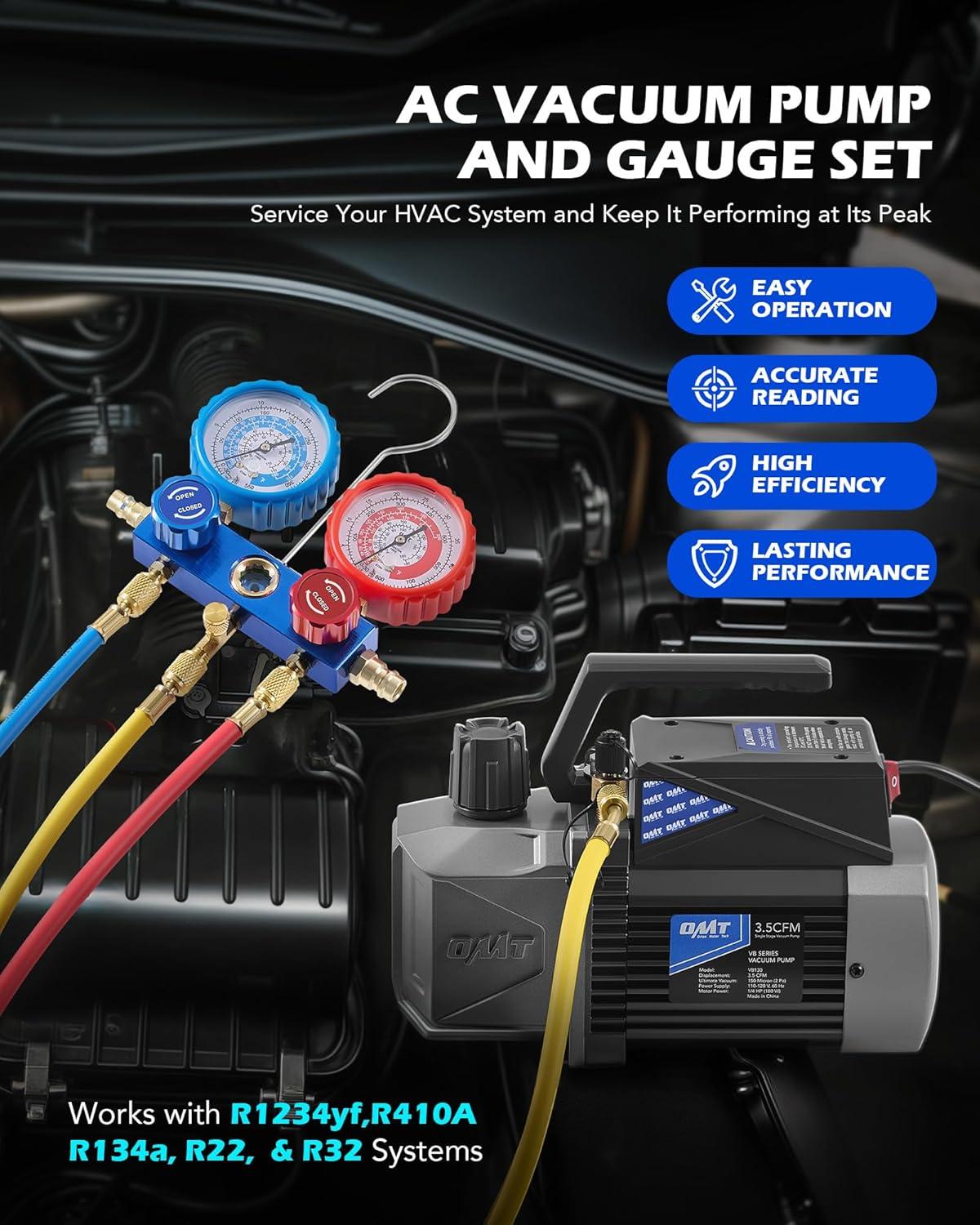 imageOrion Motor Tech A2L AC Vacuum Pump and Gauge Set for R1234yf R32 R134a R410A Systems with 35 cfm Sparkless Ignition Proof Vacuum Pump 3 Way AC Gauges Quick Couplers Can Taps Hoses Thermometer