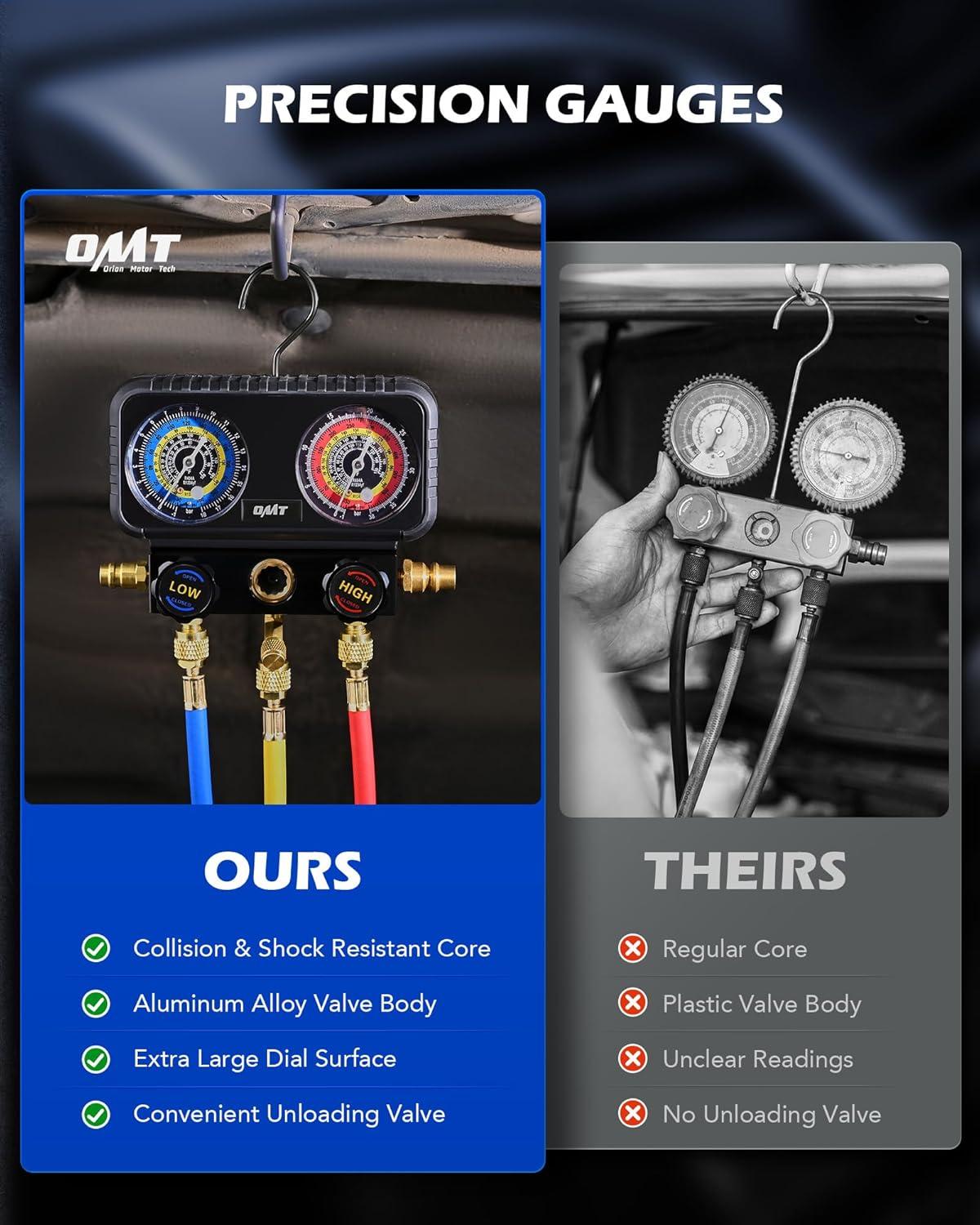 imageOrion Motor Tech AC Gauges 3 Way Manifold Gauge Set for R1234yf R134a R404a Refrigerant Automotive Gauge Set with Hoses Quick Couplers Self Sealing Can Taps for Car Freon Charging ampamp Evacuation