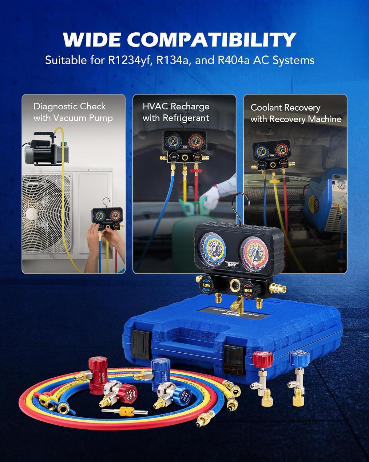 imageOrion Motor Tech AC Gauges 3 Way Manifold Gauge Set for R1234yf R134a R404a Refrigerant Automotive Gauge Set with Hoses Quick Couplers Self Sealing Can Taps for Car Freon Charging ampamp Evacuation